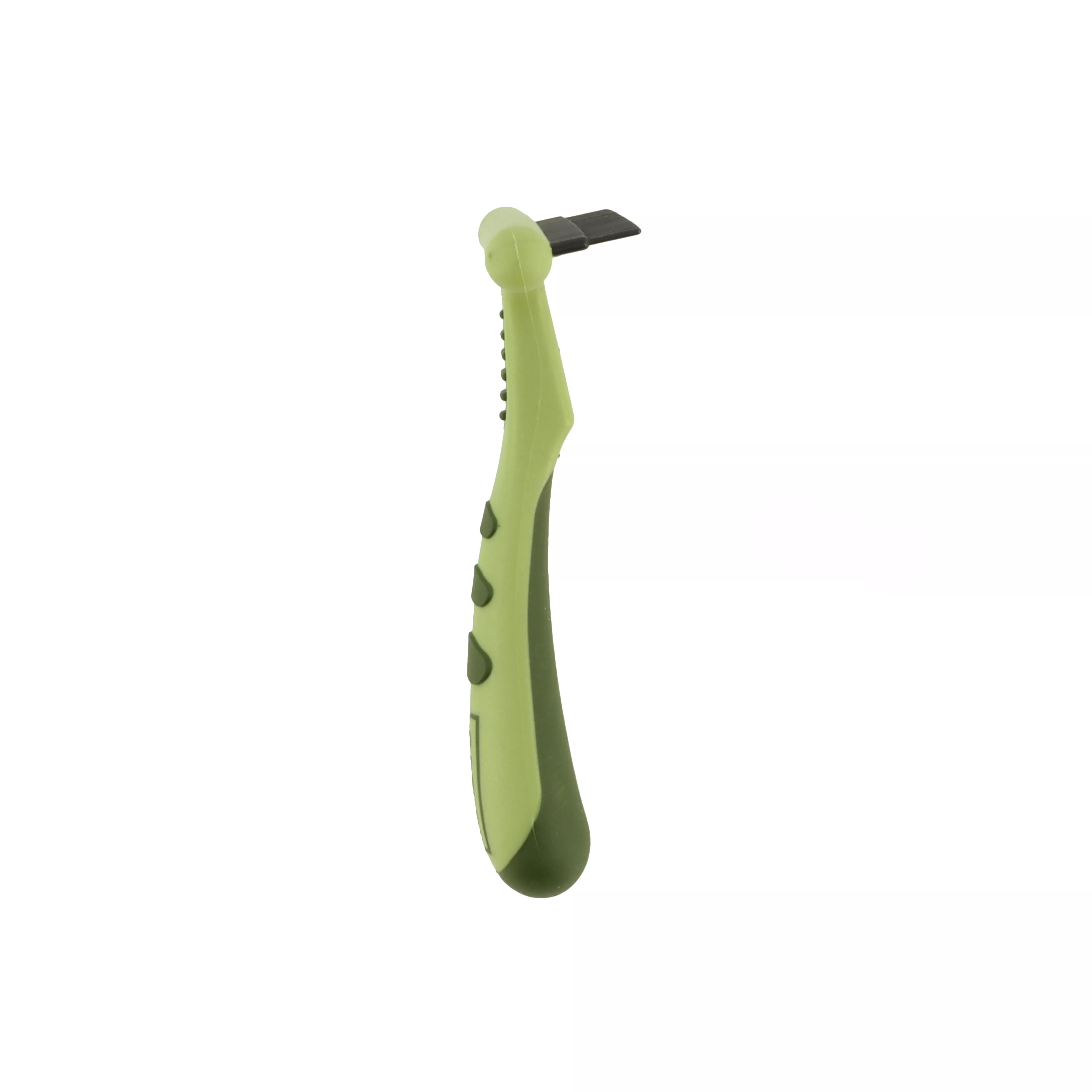 A single row undercoat rake shown from a side angle on a white background. The head contains one row of evenly spaced metal pins extending outward from a plastic spine. The handle is contoured light green plastic with darker green oval grip inserts.