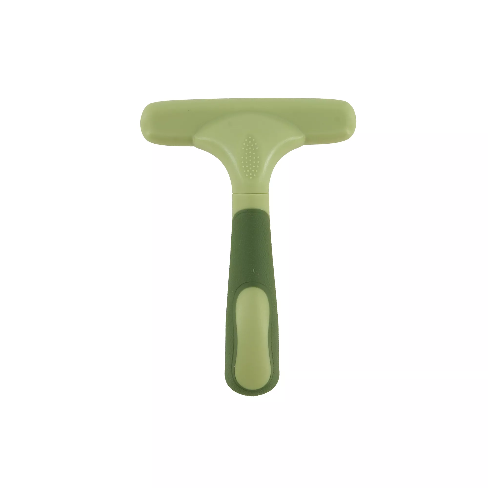 A product image of a dog double row undercoat rake with rotating pins shown upright on a white background. The grooming head consists of two rows of metal pins mounted in a light green rectangular head with a smooth back. The handle is straight light green plastic with a darker green textured grip panel in the center. The lower portion of the handle includes printed text that reads “Safari®.”