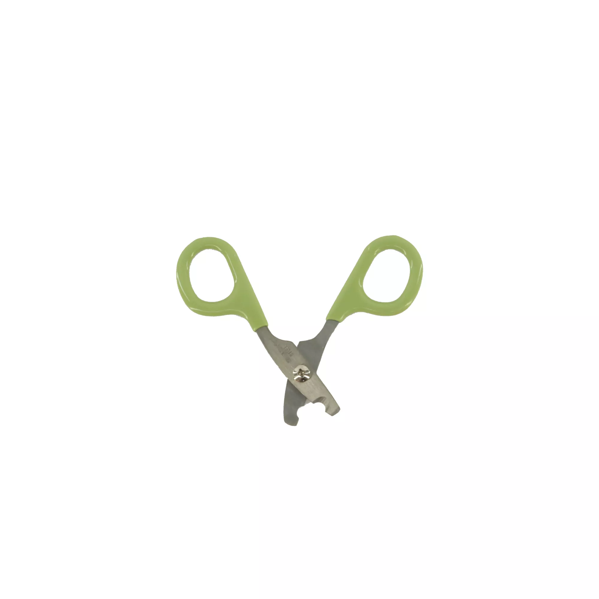 A pair of nail trimmers is shown upright against a white background. The handles are pale green with darker green grip inserts inside the finger loops. The metal blades form a curved cutting edge and meet at a central pivot screw.