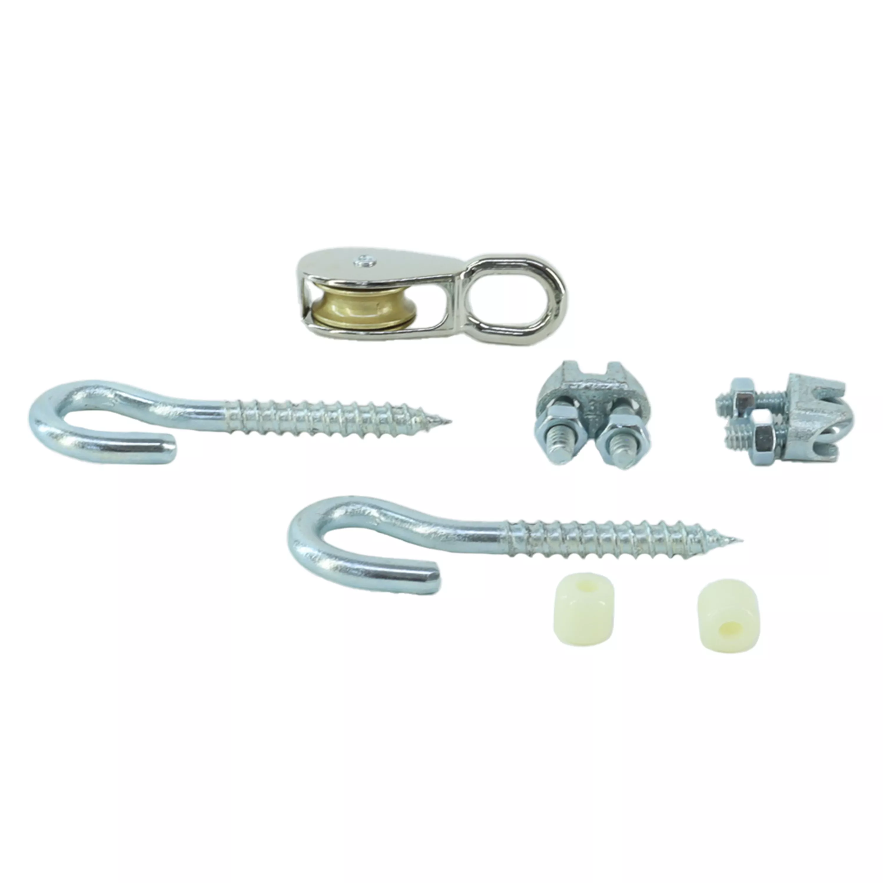 A collection of aerial dog run hardware pieces is displayed against a white background. The set includes two large silver metal U‑shaped hooks with threaded ends, one silver metal turnbuckle with hook ends, one silver metal pulley with a rounded body, two silver metal cable clamps with screws, one metal quick‑link connector, two small white cylindrical plastic pieces, and one silver metal screw eye. All pieces are arranged separately in a grid‑like layout, showing their shapes, threading, connection points, and metallic finishes.