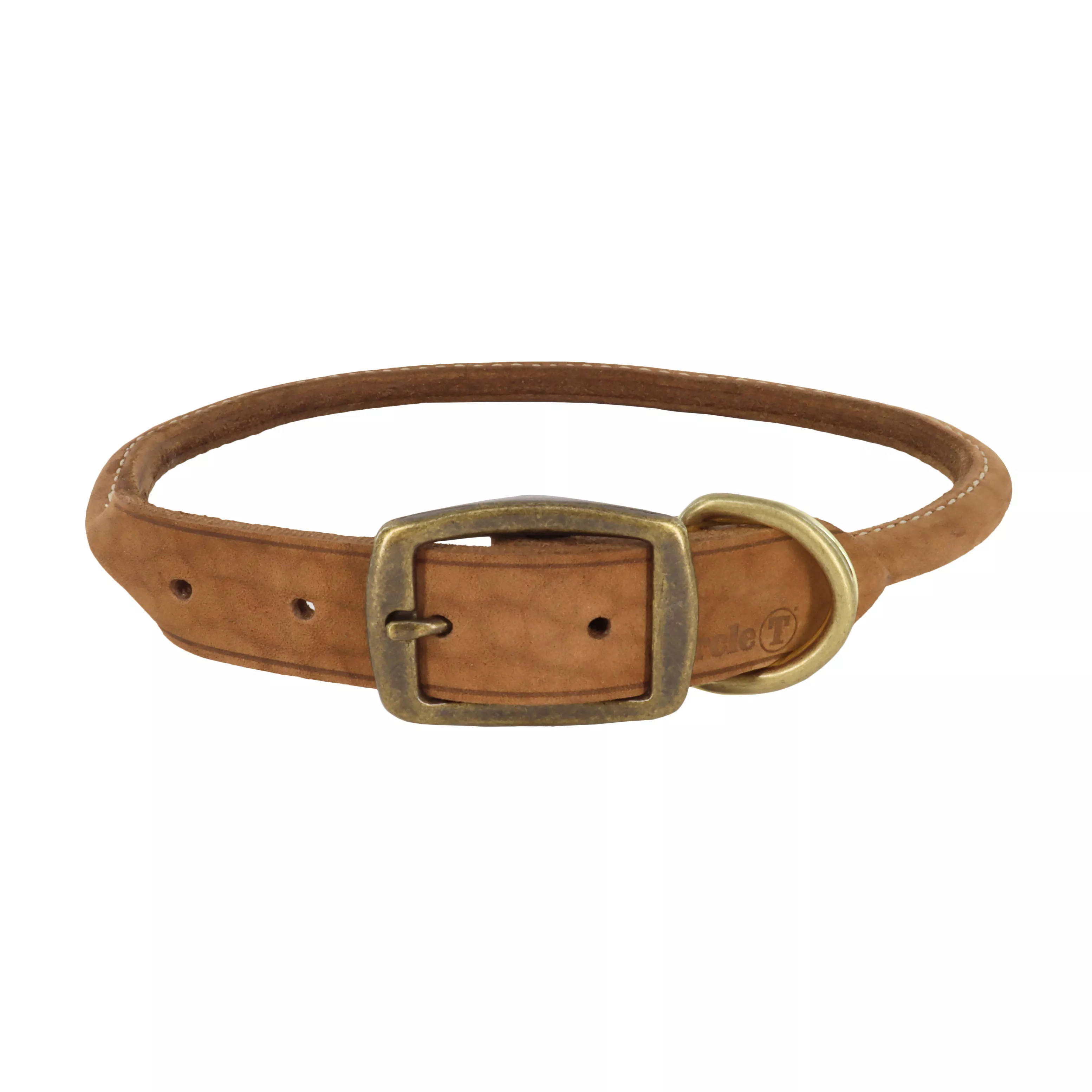 A product‑only image of the Circle T® Rustic Leather Round Dog Collar in Chocolate is arranged in an oval on a white background. The collar is made from rounded chocolate‑brown full‑grain leather with visible natural grain and smooth polished edges. The buckle section transitions to a flat reinforced panel with matching stitching. A brass‑colored buckle and D‑ring are securely fastened to the panel, and multiple sizing holes run along the tapered leather end.