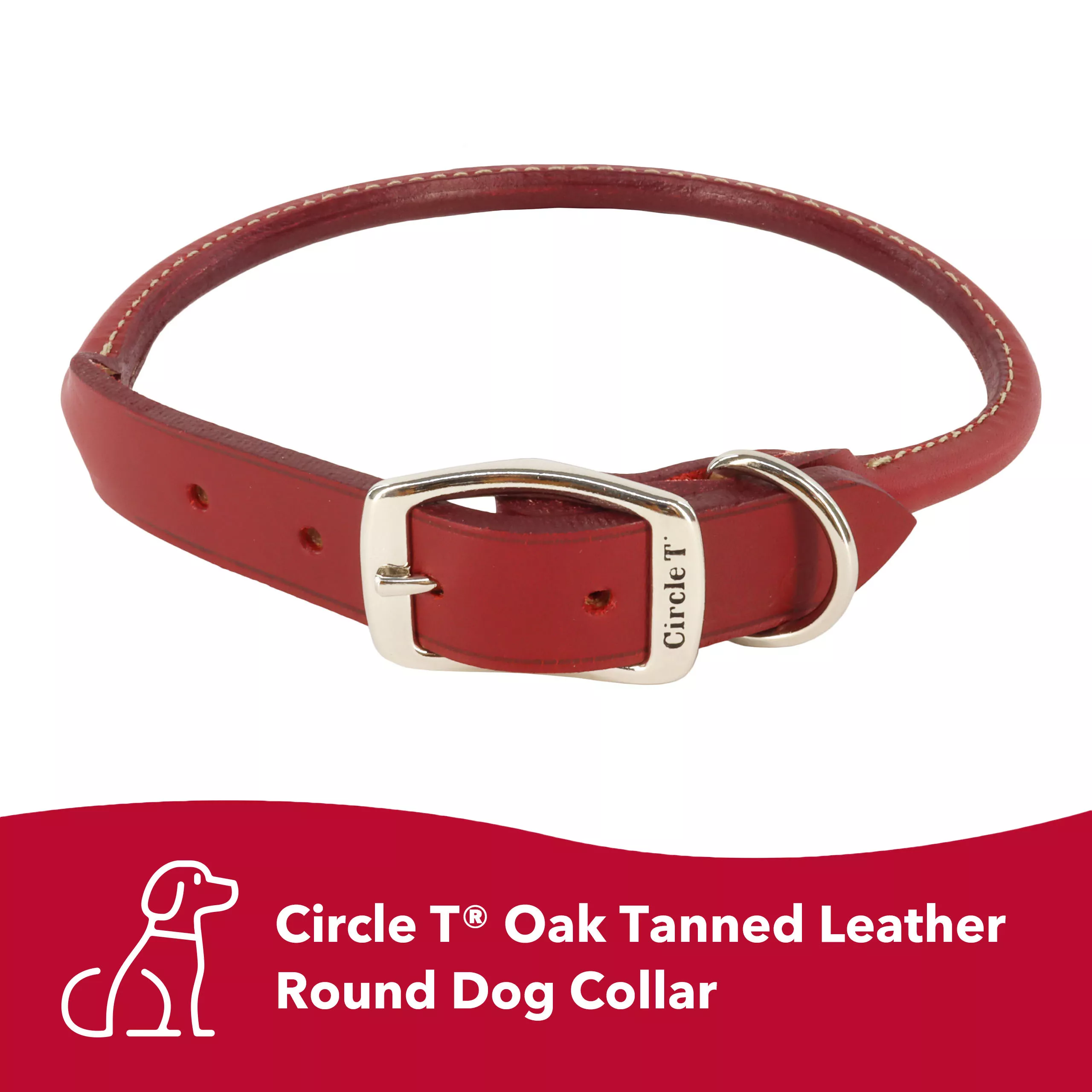 A product‑only image shows the Circle T® Oak Tanned Leather Round Dog Collar in a rich brown shade arranged in an oval shape on a white background. The rounded leather body has smooth burnished edges and even coloration. The flat reinforced buckle section includes a polished silver‑metal buckle and D‑ring. A red banner underneath reads “Circle T® Oak Tanned Leather Round Dog Collar” with a white dog icon.