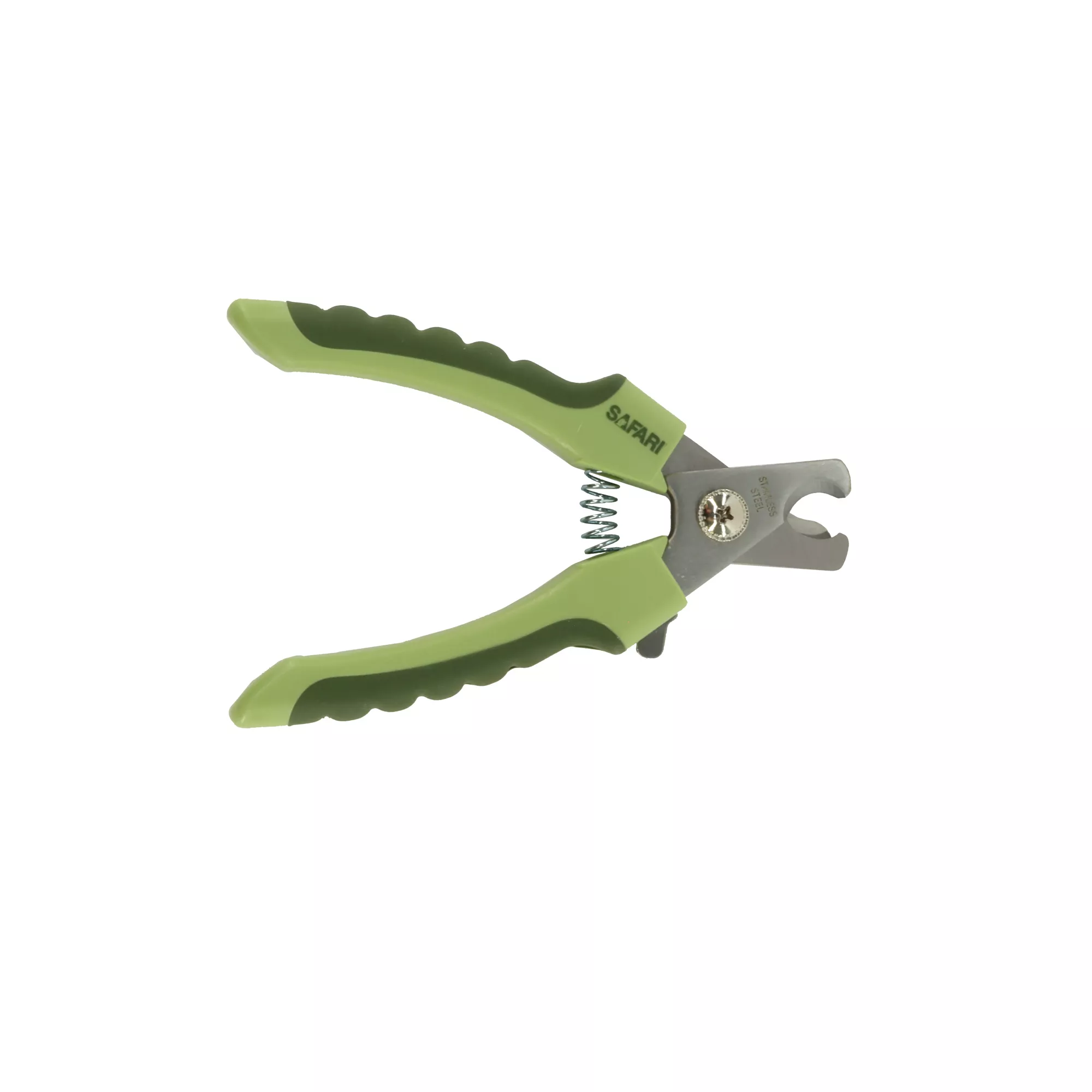 A professional dog nail trimmer displayed from a top‑down angle on a white background. The tool features two curved stainless‑steel blades forming a cutting edge, connected at a metal hinge. The handles are light green plastic with darker green textured grip sections. A metal spring spans between the handles.