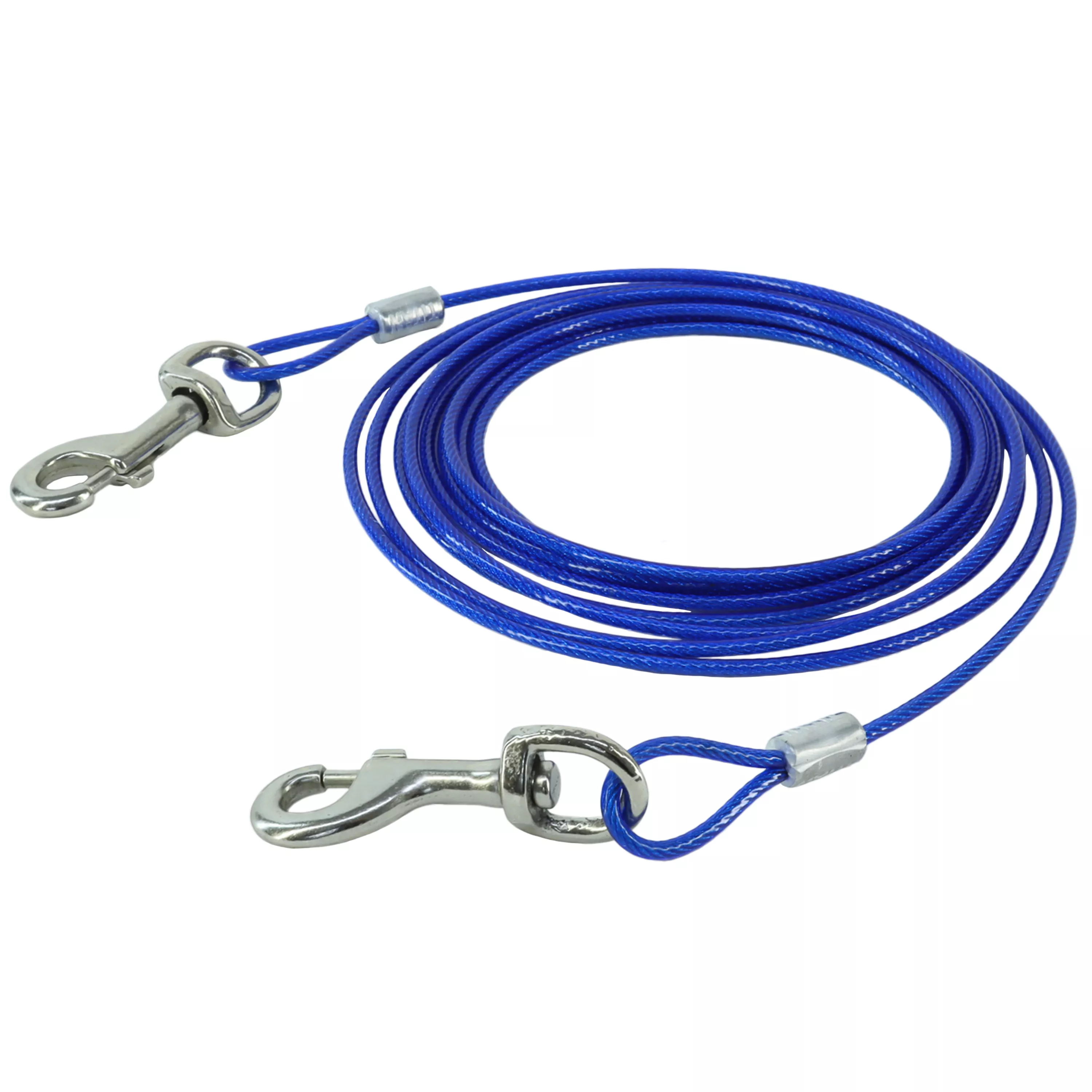 A coiled dog tie‑out cable is displayed against a plain white background. The cable is bright blue with a smooth plastic‑coated surface. Both ends of the cable are fitted with silver metal swivel snap hooks, each with a spring‑loaded clasp and curved hook shape. The cable is arranged in overlapping loops, showing its consistent blue coating, metallic end crimps, and uniform thickness along the entire visible length.