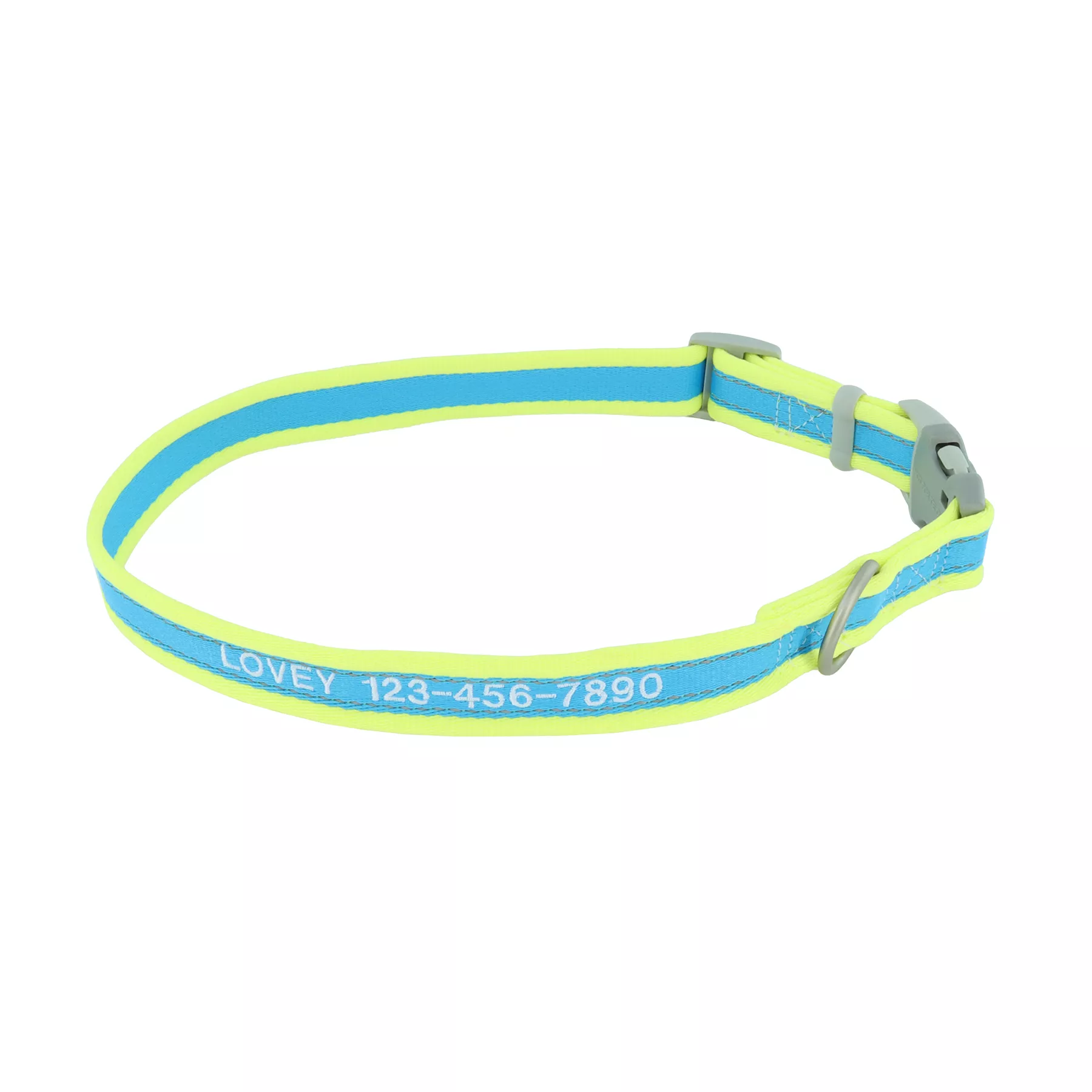 A reflective dog collar is displayed on a white background. The collar strap is aqua with a neon yellow accent running along the length. The design includes reflective edging. A gray plastic side‑release buckle and a gray adjustable slider are attached, along with a silver‑colored metal D‑ring positioned beside the buckle. White embroidered text reads "LOVEY 123-456-7890".
