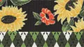 A swatch showing a richly detailed sunflower print above a structured green argyle band. The upper section features large yellow sunflowers with deep brown centers and scattered red blossoms on a black background. The lower band consists of green argyle diamonds outlined in black and white, merging rustic florals with geometric textile styling.