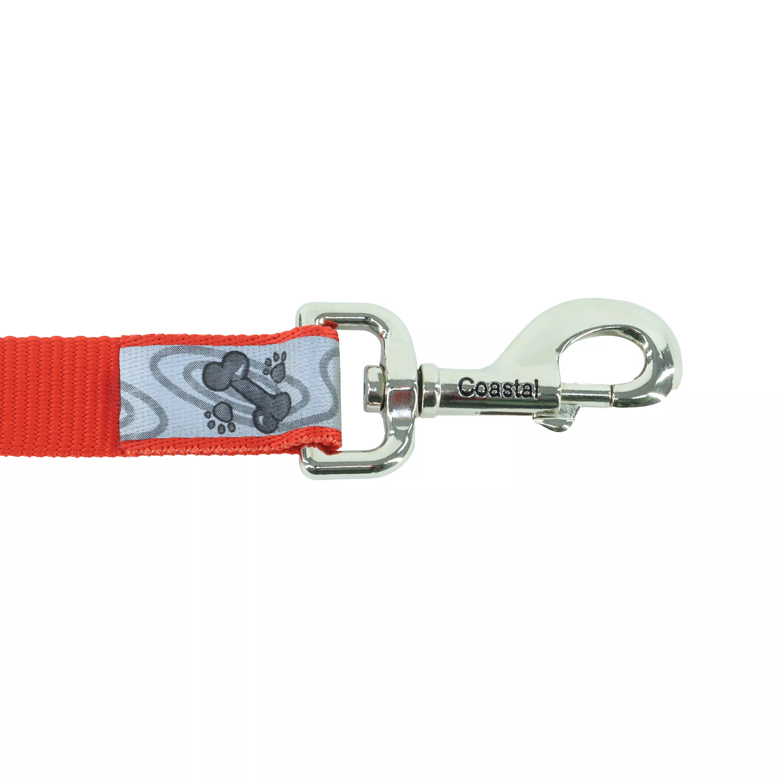 A close view of a reflective dog leash shows a light‑gray reflective strip with a laser‑etched swirl pattern layered over red woven webbing. A silver swivel snap is attached at the end with a reinforced seal. The leash is shown against a white background.