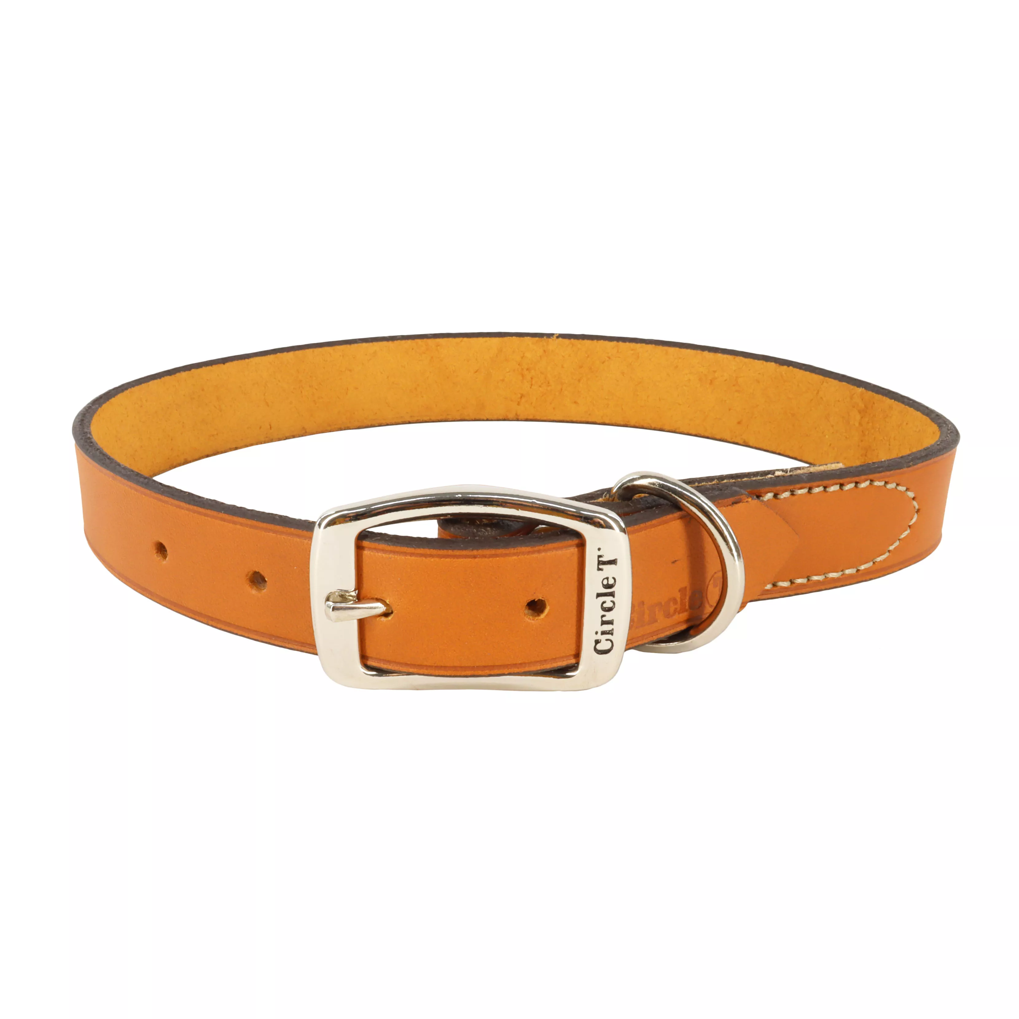 A product image of the Circle T® Oak Tanned Leather Town Dog Collar in Tan is displayed against a white background. The collar is made of smooth, flat oak‑tanned leather in a warm tan shade with subtle natural grain. A polished silver‑metal buckle and matching D‑ring are attached to a reinforced segment stitched with tan thread. The collar curves gently into an oval shape, highlighting its flexible construction and cleanly finished edges.