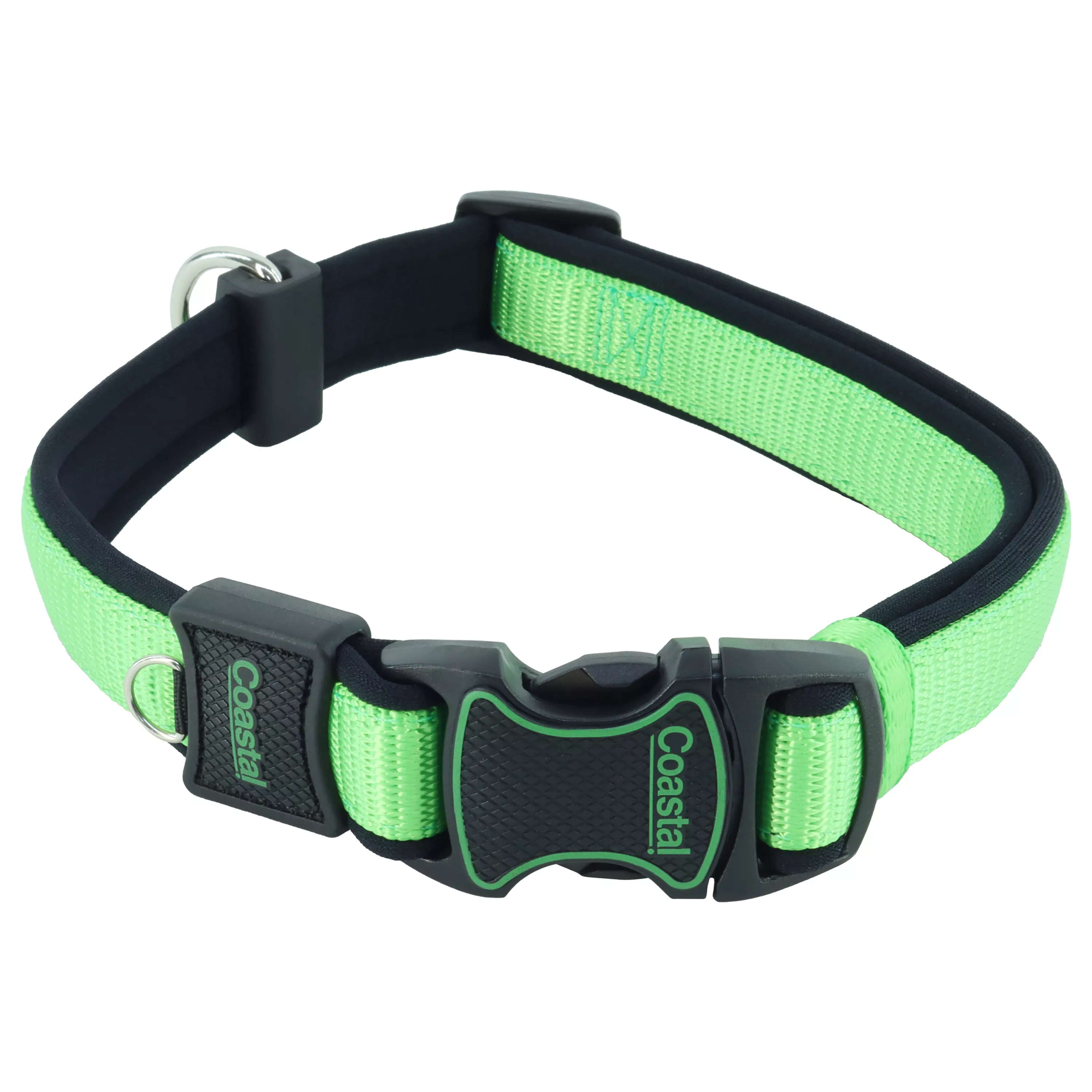 A green adjustable dog collar lies against a white background. The collar has a green woven strap outlined with black trim and a black padded underside. A black plastic side‑release buckle connects the collar ends. A small silver metal ring near the buckle is intended for attaching ID tags. A floating silver D‑ring is positioned along the strap. A black plastic adjustment slider is integrated into the design.