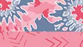 A swatch featuring a tie‑dye style upper band in swirling pink, coral, and periwinkle tones. Beneath the tie‑dye section is a narrow horizontal band printed with small, uniformly spaced pink arrow icons pointing to the right. The two contrasting sections create a playful, layered textile design.