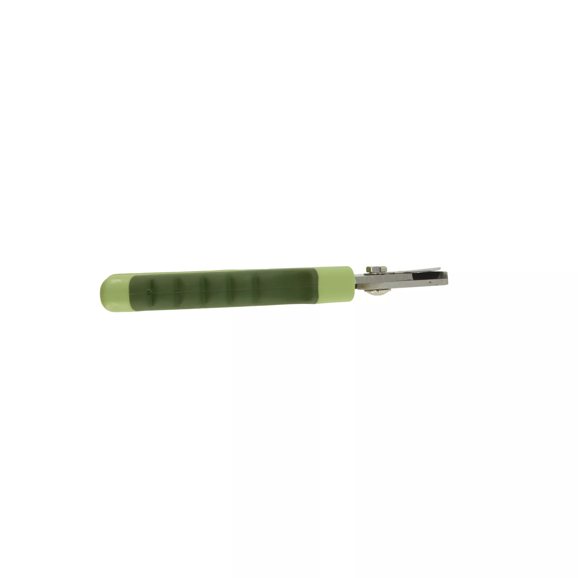 A professional dog nail trimmer displayed horizontally on a white background with the blades pointing to the right. The stainless‑steel cutting head forms a semicircular opening. The light green plastic handles have darker green rubber grip areas running along the front.