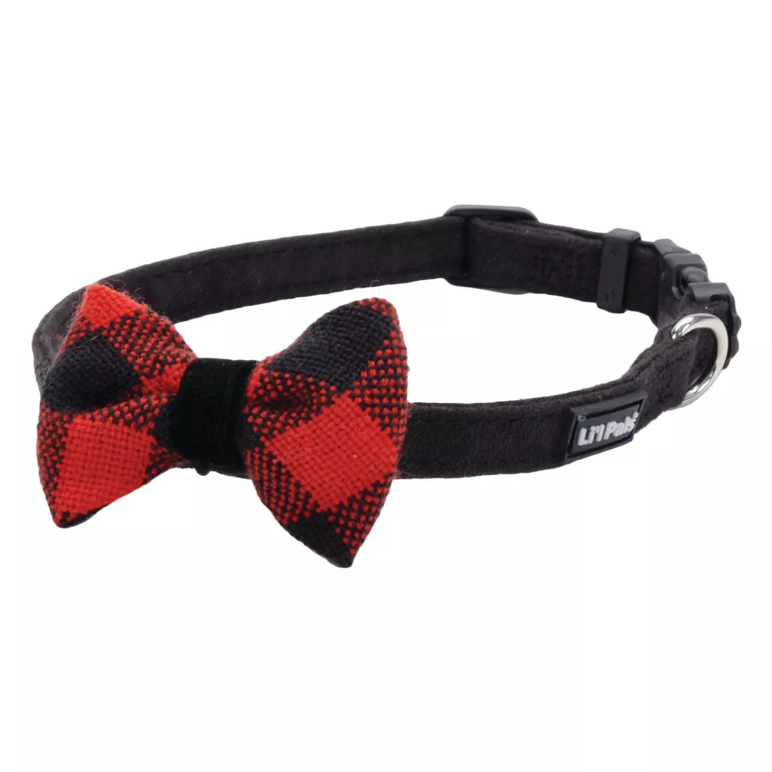 A black microfiber dog collar with a red‑and‑black plaid bow is displayed against a white background. The collar features a black plastic side‑release buckle, a black adjustment slider, and a soft microfiber strap. The fabric bow is attached to the front of the collar.