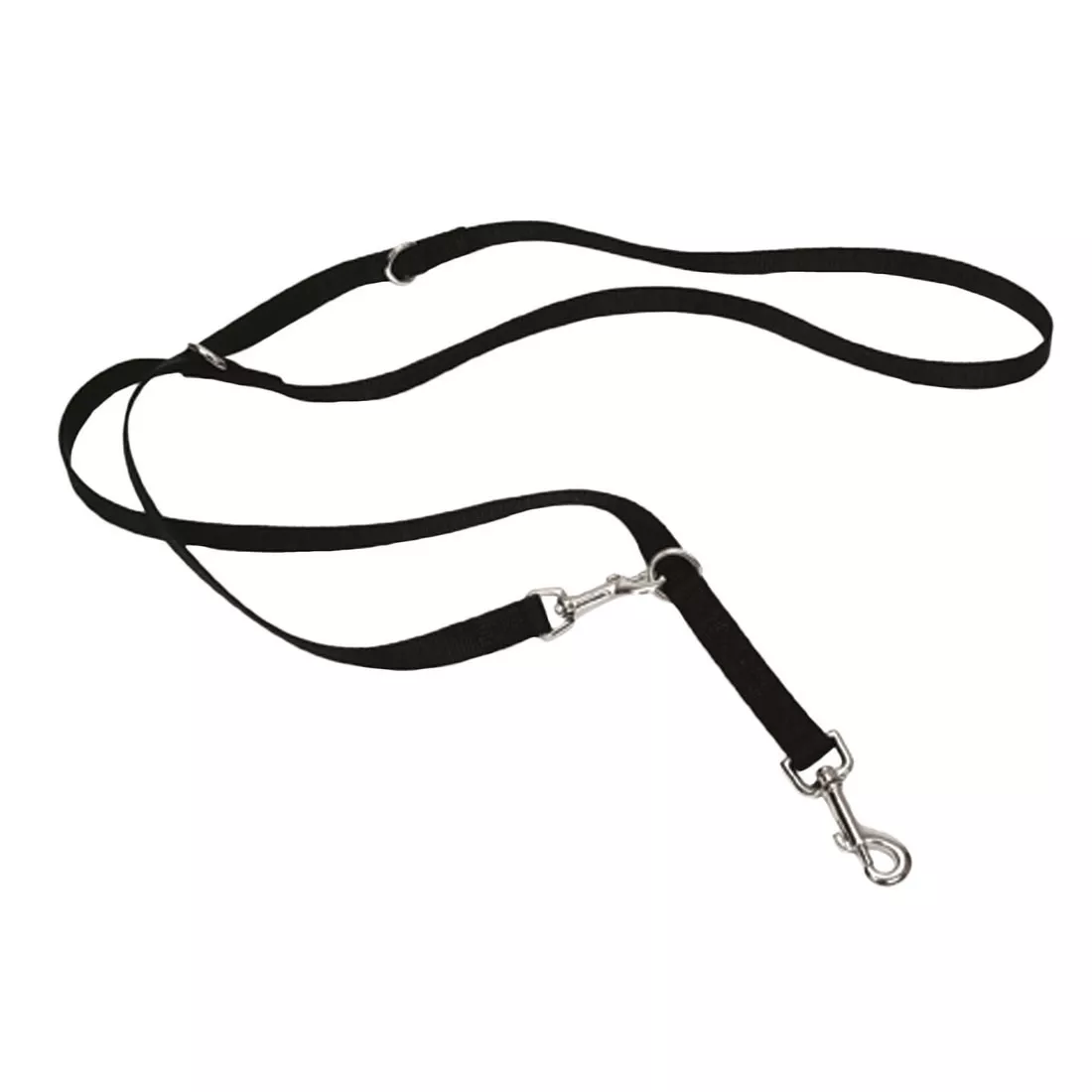 A black dog leash made of woven strap material is displayed coiled against a white background. The leash includes multiple black adjustment clips, metal D‑rings, and a silver swivel snap attached at one end. The strap features reinforced stitching.
