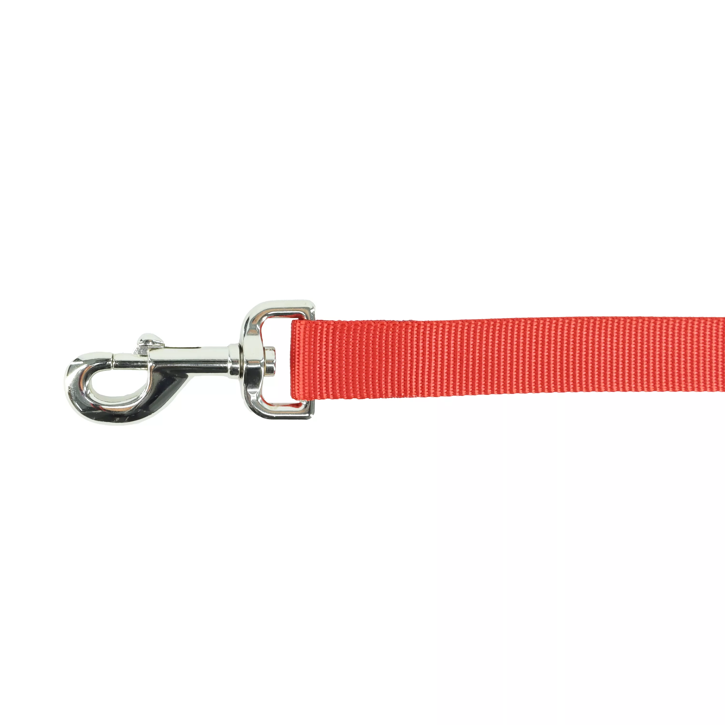 A product‑only close‑up of a red single‑ply dog leash displayed against a white background. The leash is made of flat woven nylon with a ribbed texture and a bright red color. The visible end shows a silver‑tone metal swivel bolt‑snap clasp attached with a folded and reinforced stitched strap loop. Only a short section of the strap and the clasp are visible.