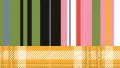 A swatch composed of vertically oriented color bands in lime green, charcoal grey, coral pink, black, and white. Below the striped panel is a mustard‑gold plaid section with overlaid white grid lines. The combination of graphic modern stripes and classic plaid creates a mixed‑pattern, multi‑textile look.