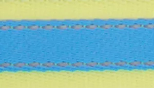 A swatch showing a close‑up of woven fabric. The swatch features a bright aqua blue central band bordered on both sides by neon yellow fabric. Narrow dotted reflective stitching runs parallel along the edges of the aqua band. The woven texture and horizontal ribbing are clearly visible.