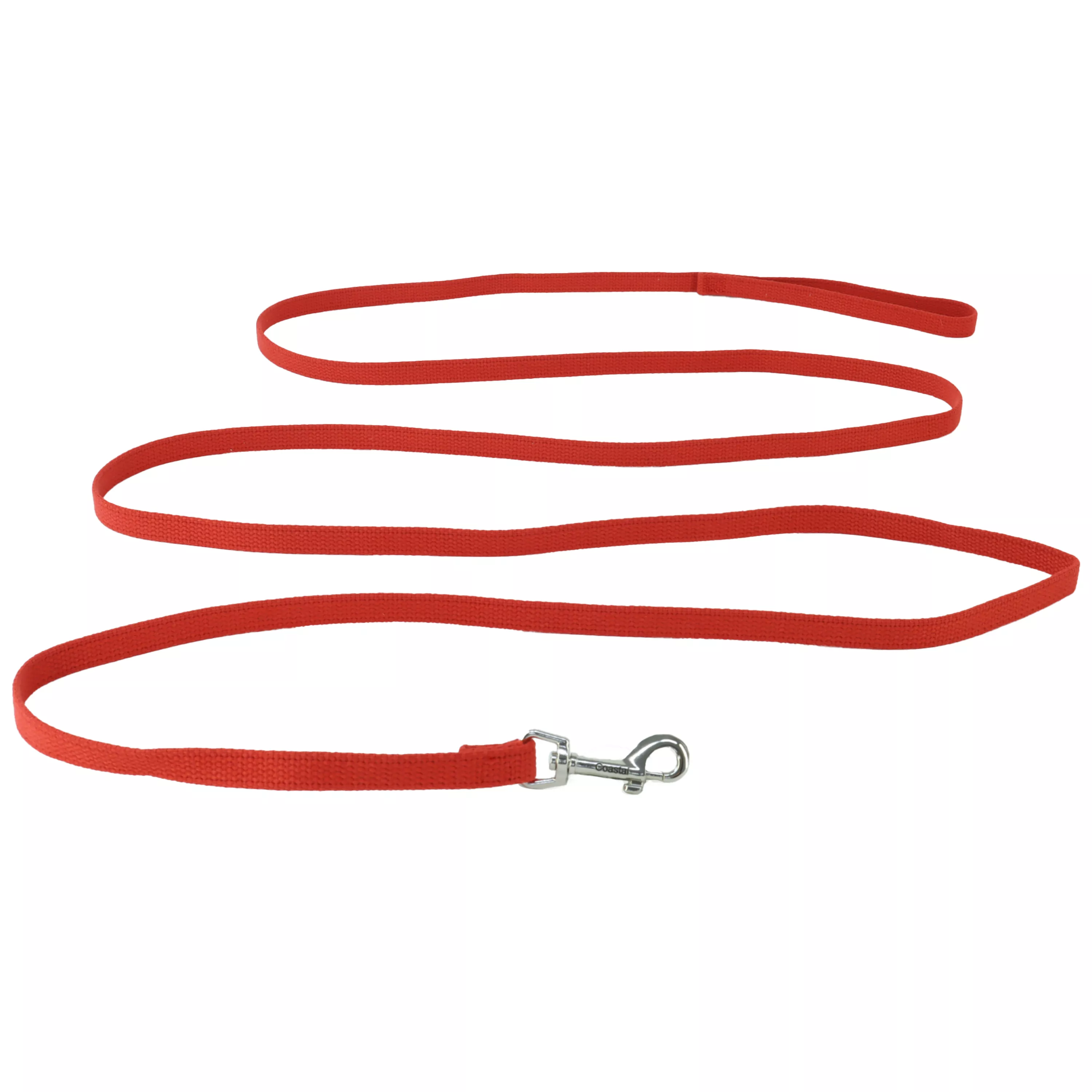 A red cotton web training leash is displayed on a white background. The leash is arranged in several loose overlapping loops with the handle loop positioned to the side. The woven cotton material is solid red. A silver metal swivel snap hook with a spring‑loaded clasp is attached at one end and secured with red stitching.