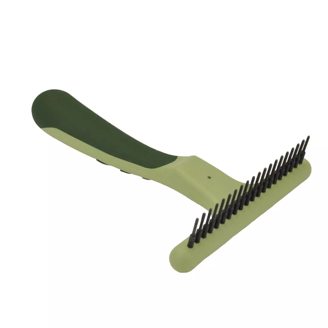 A single row undercoat rake shown at a three‑quarter angle on a white background. The grooming head consists of a single row of long evenly spaced metal pins attached to a rectangular plastic spine. The handle is contoured light green plastic with darker green rubber grip sections along the underside.