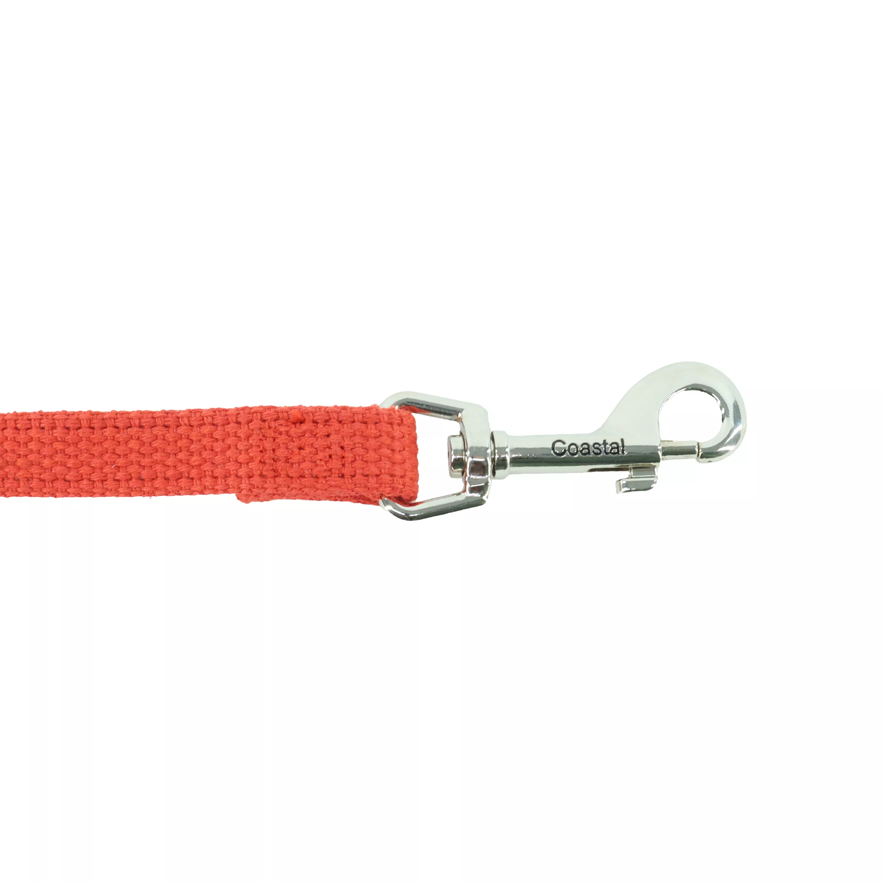 A red cotton web training leash is displayed against a plain white background. The leash is made of flat woven cotton material in a solid red color. The  end has a silver metal swivel snap hook with a spring‑loaded clasp. The stitching at the hook attachment point is visible in matching red thread.