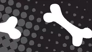 A swatch showing a close‑up of fabric with a black background and white bone shapes. Small gray dots fill the background between the bones, with visible woven texture.