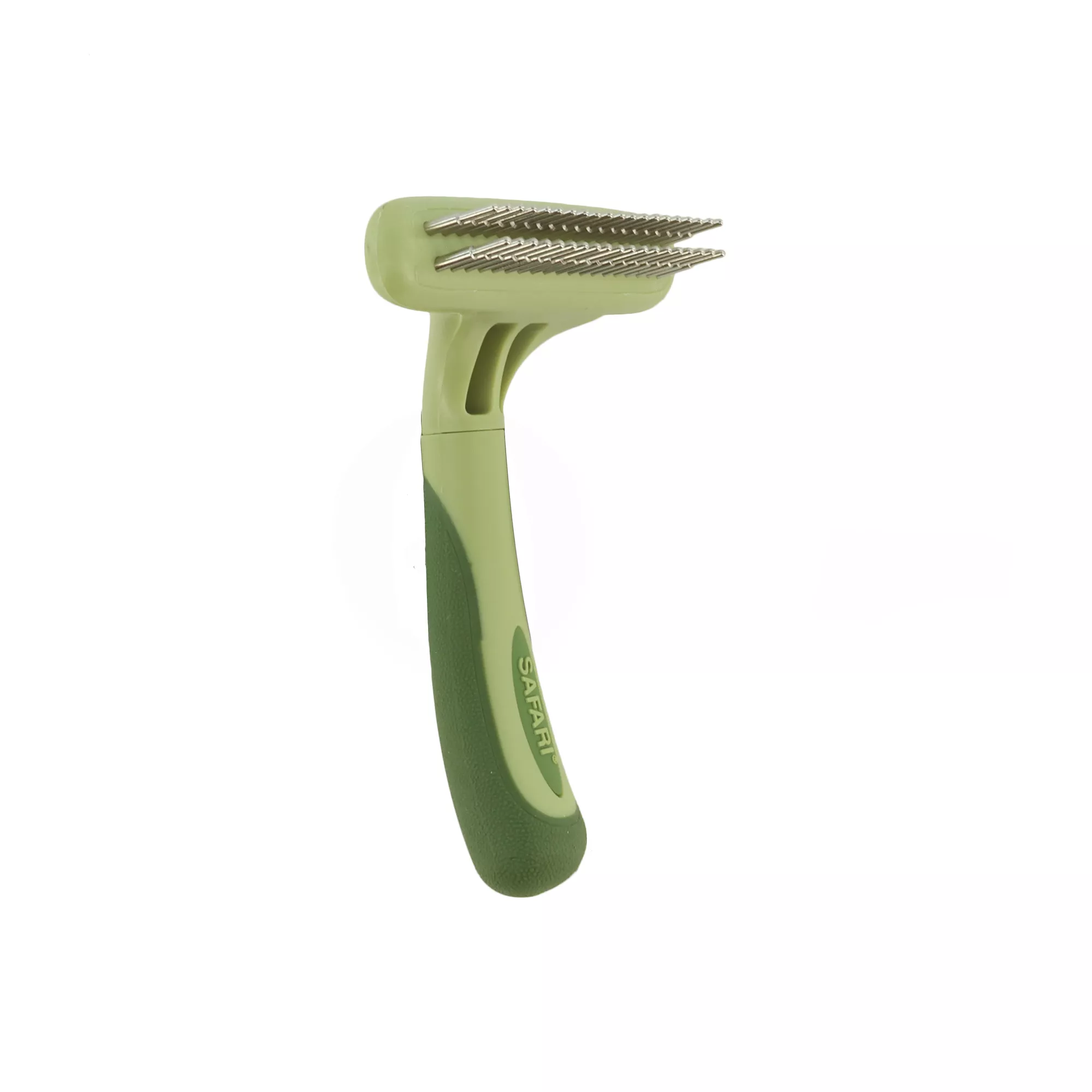 A dog double row undercoat rake with rotating pins shown from a three‑quarter view on a white background. The grooming surface includes two rows of rotating metal pins attached to a rectangular plastic bar. The handle is contoured light green plastic with darker green rubber grip accents along the underside.