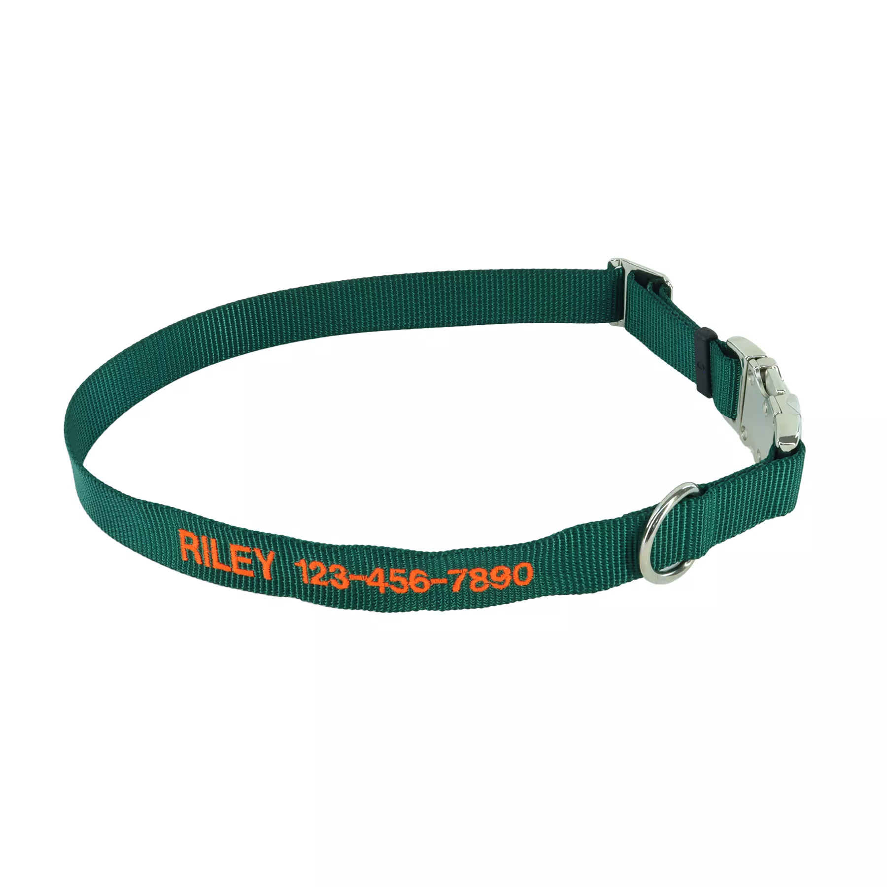 A dark‑green woven‑nylon adjustable dog collar displayed on a white background. The collar is arranged in a smooth oval shape. A metal side‑release buckle, a metal D‑ring, and a plastic adjustment slide are visible. Embroidered orange text on the collar reads “RILEY 123‑456‑7890.”