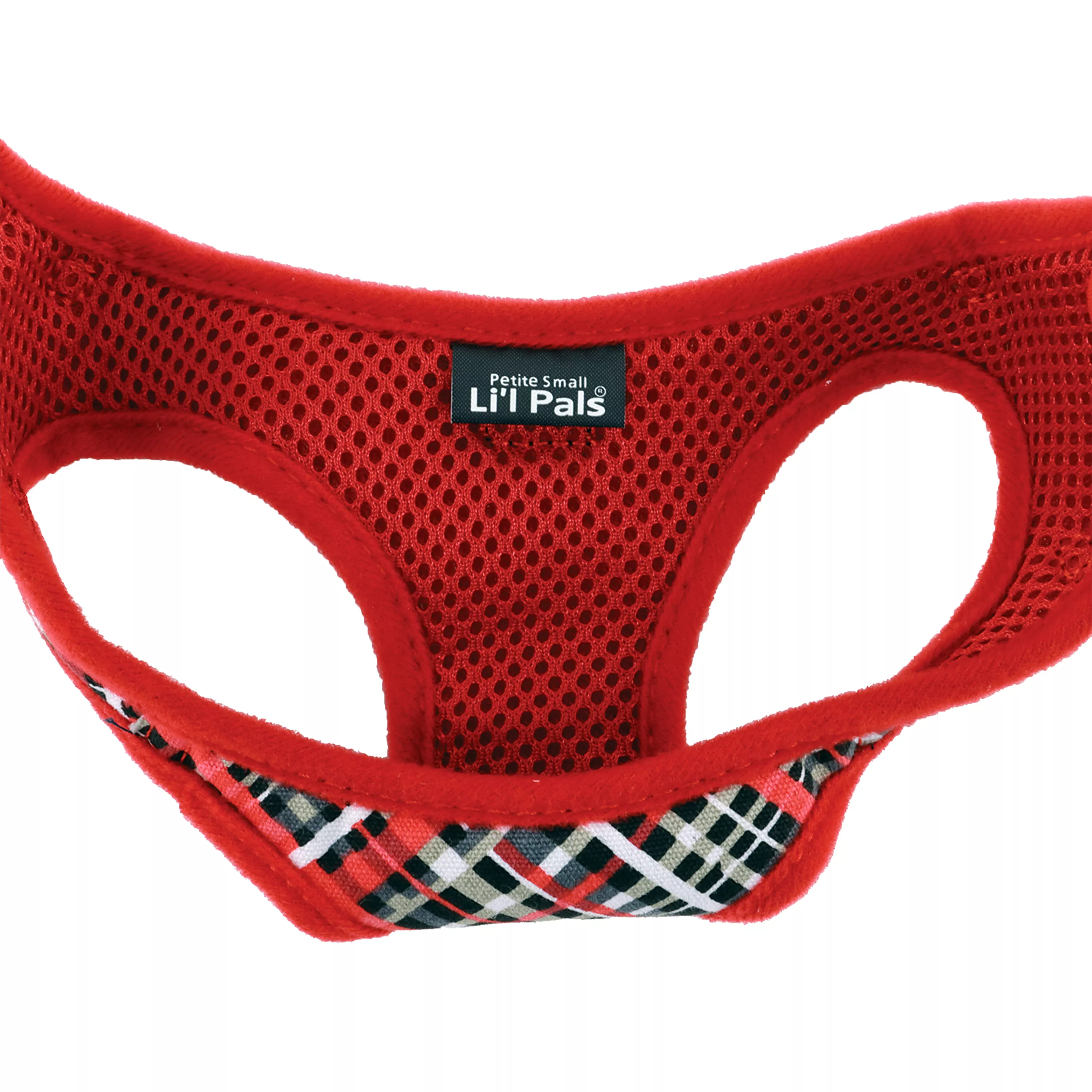 Product image of the Li'l Pals Canvas Dog Harness in Red and Grey Plaid, displayed from the front on a white background. The harness includes a red canvas frame with black mesh lining, and a plaid chest panel in red, grey, black, and white. Black plastic buckles and a silver D‑ring sit at the top of the harness for secure leash connection.