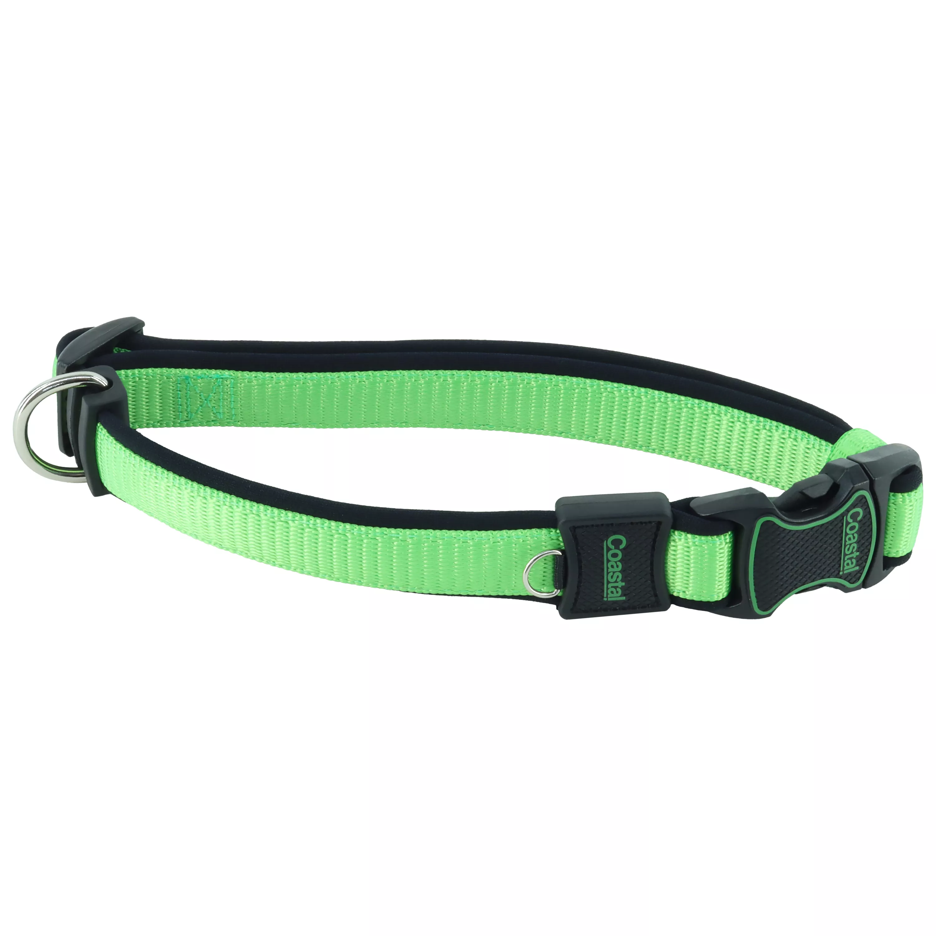 A green adjustable dog collar lies against a white background. The collar has a green woven strap outlined with black trim and a black padded underside. A black plastic side‑release buckle connects the collar ends. A small silver metal ring near the buckle is intended for attaching ID tags. A floating silver D‑ring is positioned along the strap. A black plastic adjustment slider is integrated into the design.