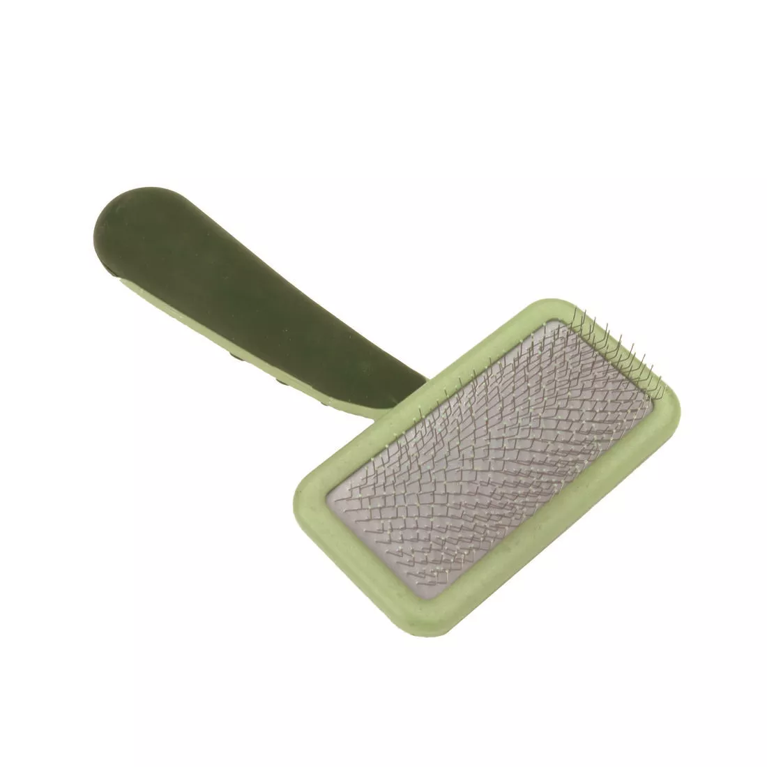 A soft slicker brush shown horizontally on a white background. The brush has a rectangular metal‑pin head with a dark backing pad and a contoured light green handle featuring darker green rubber grip panels. The handle tapers slightly toward the base.