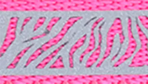A swatch presenting a zebra‑stripe pattern in bright pink and light grey. The pink background contrasts sharply with the irregular grey stripes, which mimic the organic, sweeping shapes of zebra markings. The edges of the swatch include a boundary of woven pink material with visible stitching.