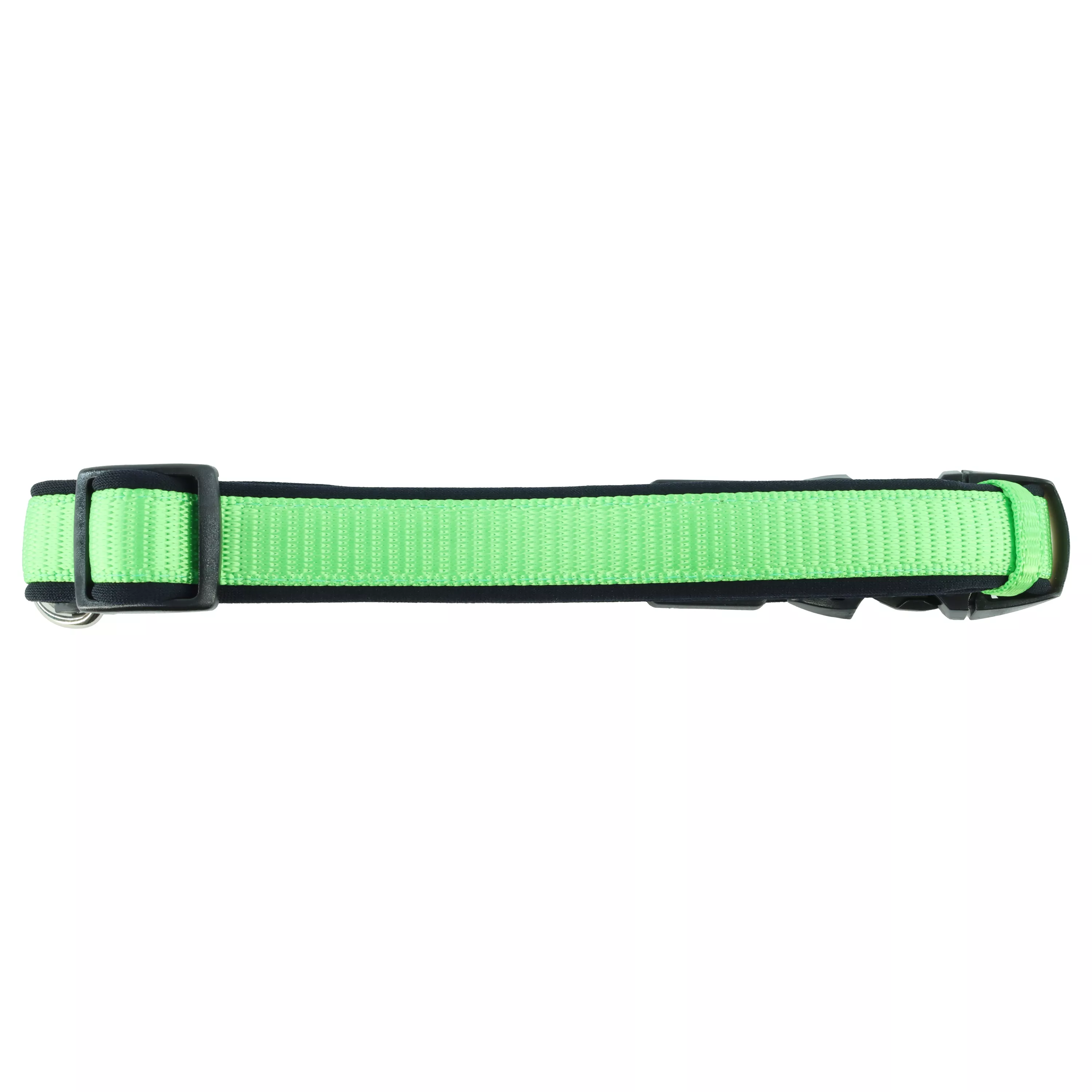 A green adjustable dog collar is presented against a white background. The collar’s woven green strap has black trim and interior black padding. A black plastic buckle joins the strap ends. A black plastic slider adjusts the collar length.