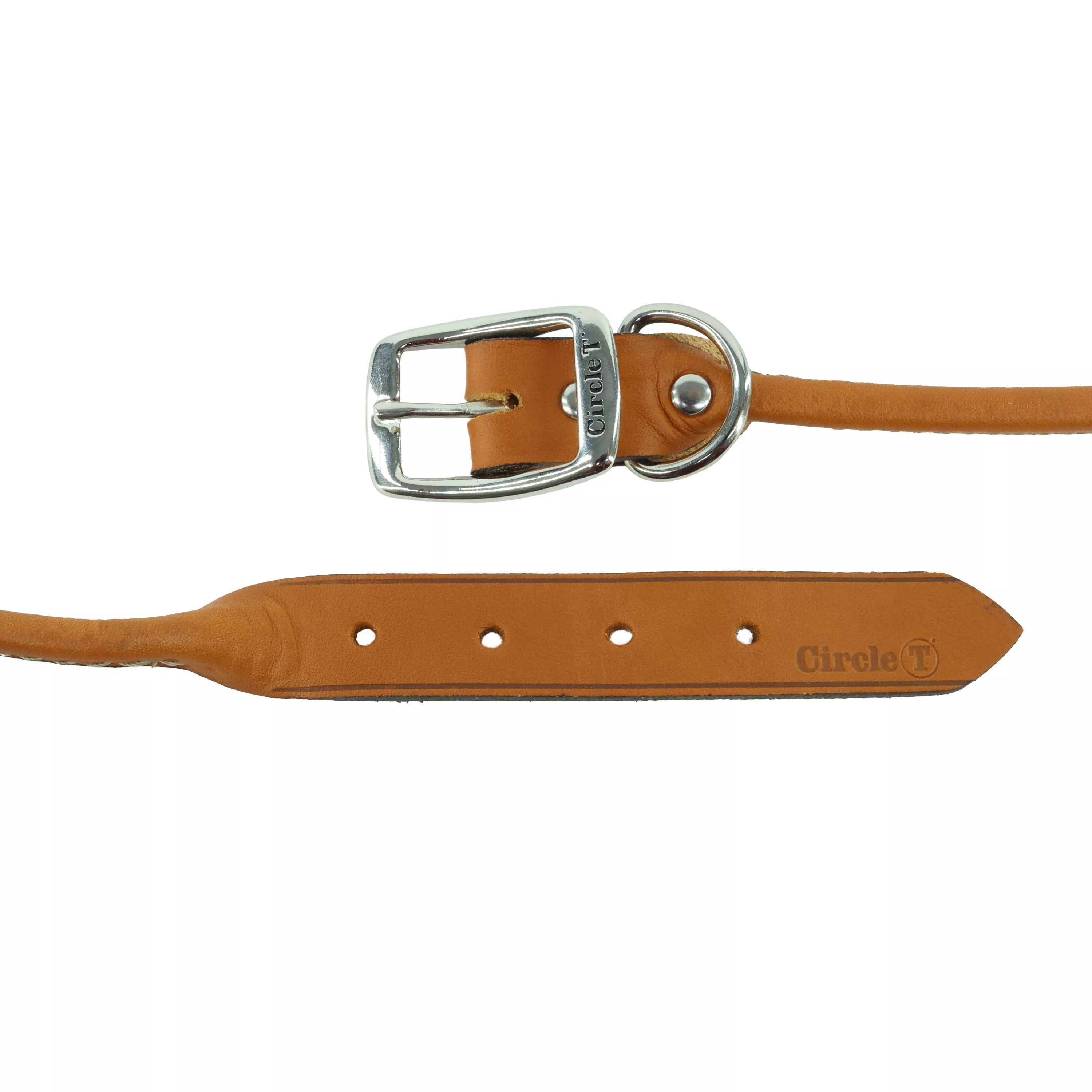 A close product view of the Circle T® Oak Tanned Leather Round Dog Collar is displayed on a white background. The collar’s rounded light‑tan leather shows natural grain and smooth finishing. The flat buckle section includes a silver buckle, a silver D‑ring, and several adjustment holes stitched with tan thread. The collar lies flat, showcasing both its rounded and flat reinforced portions.
