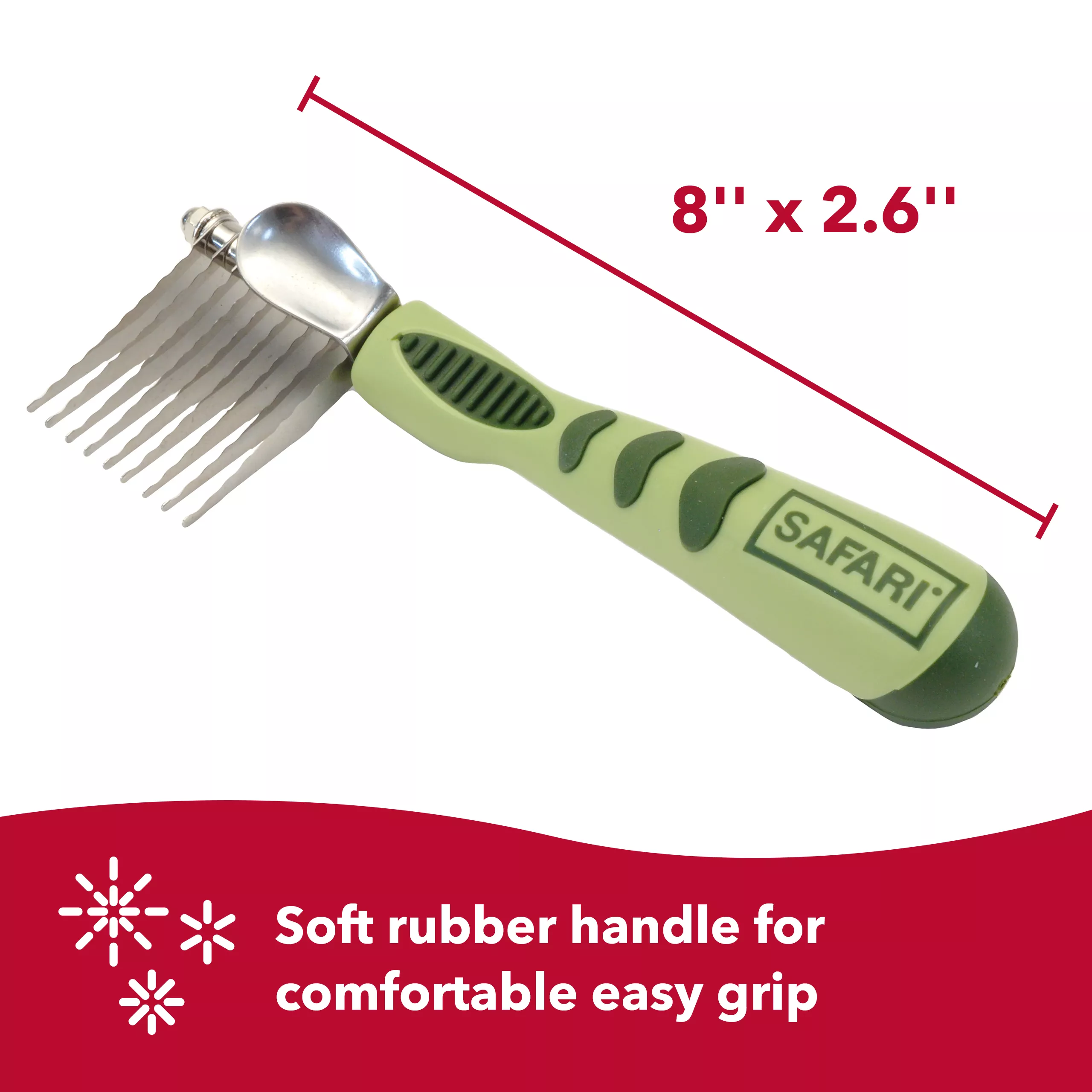 A dog de‑matting comb shown at an angle on a white background. The comb has a light green handle and metal blades. A red measurement annotation reads: “8" × 2.6".” A red banner below reads: “Soft rubber handle for comfortable easy grip.”