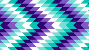 A swatch displaying a geometric diamond pattern formed from tightly aligned triangular shapes. The repeating rows incorporate bright teal, deep purple, lavender, white, and navy. The arrangement creates an optical zigzag effect with crisp edges and high color contrast, giving the swatch a modern, energetic feel.