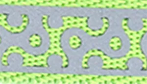 A swatch displaying a reflective gray geometric pattern on a bright lime‑green background. Pale gray interlocking shapes form a repeating motif resembling stylized links or brackets. The edges of the swatch include textured lime‑green binding and fine stitching. The pattern is crisp, modern, and high‑contrast.