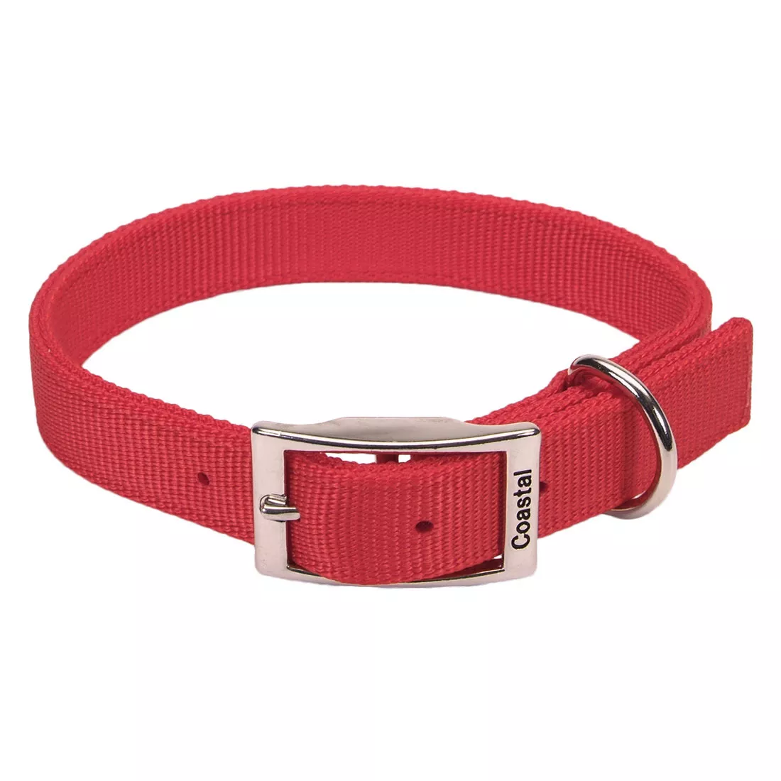 A product‑only image of a red double‑ply dog collar displayed against a white background. The collar is made of thick woven nylon with a ribbed texture and stitched edges. A silver‑tone metal buckle with rectangular sizing holes is centered on the collar. A matching silver‑tone metal D‑ring is attached beside the buckle with reinforced stitching securing the folded strap. The collar is shown in a slightly curved shape.