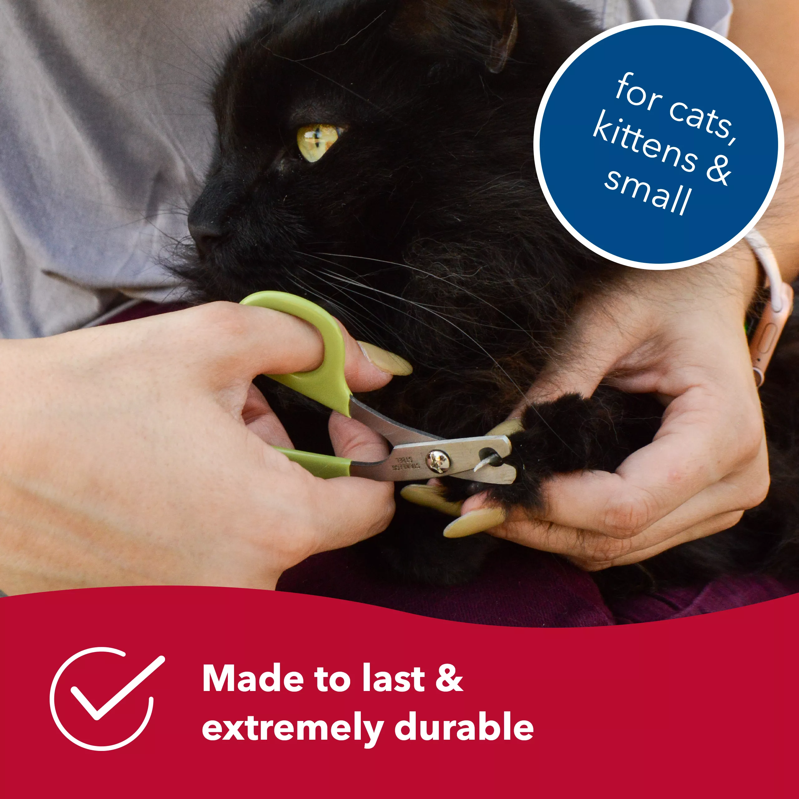 A black long‑haired cat is held while a pale green cat nail trimmer is positioned near its paw. The trimmer has curved handles and short metal blades. A blue circular graphic contains white text reading “for cats, kittens & small dogs.” A red banner along the bottom contains white text reading “Made to last & extremely durable.”