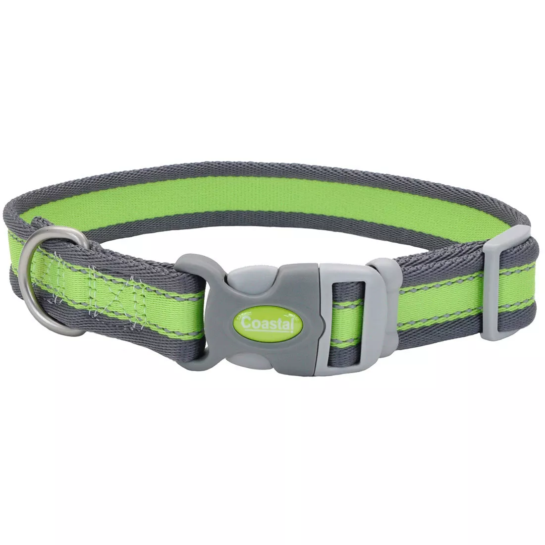 A reflective dog collar is shown on a white background. The collar strap is bright green with gray edging and reflective trim. Gray plastic components include a side‑release buckle and an adjustable slider. A silver‑colored metal D‑ring is attached beside the buckle.