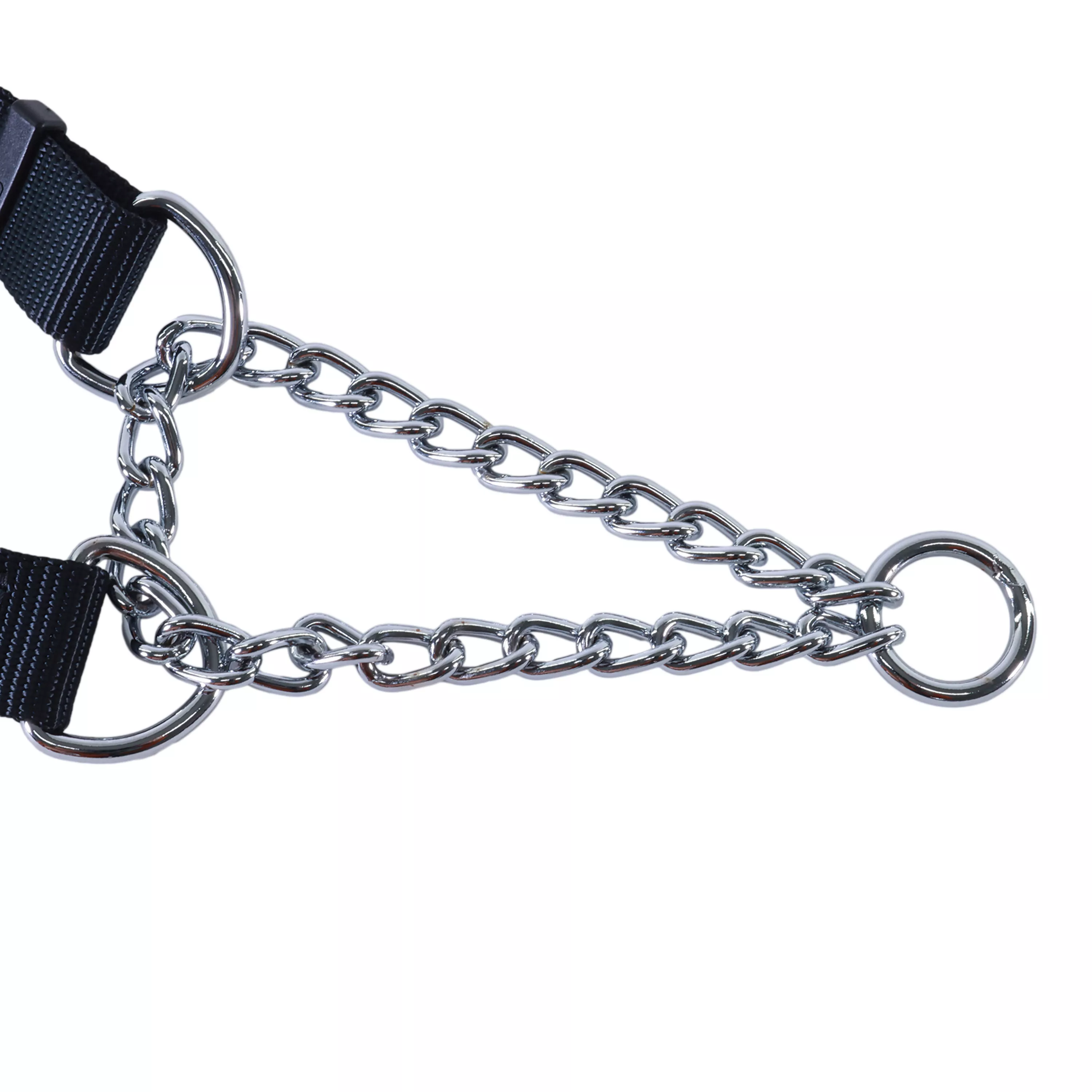 A product‑only image displays the Coastal® Adjustable Check Training Collar™ for Dogs in black, focusing on the connection between the nylon strap and the metal chain. The chain links are thick and evenly formed, leading to a silver O‑ring. The nylon strap has a ribbed woven texture and an adjustment slide positioned near the connection point.