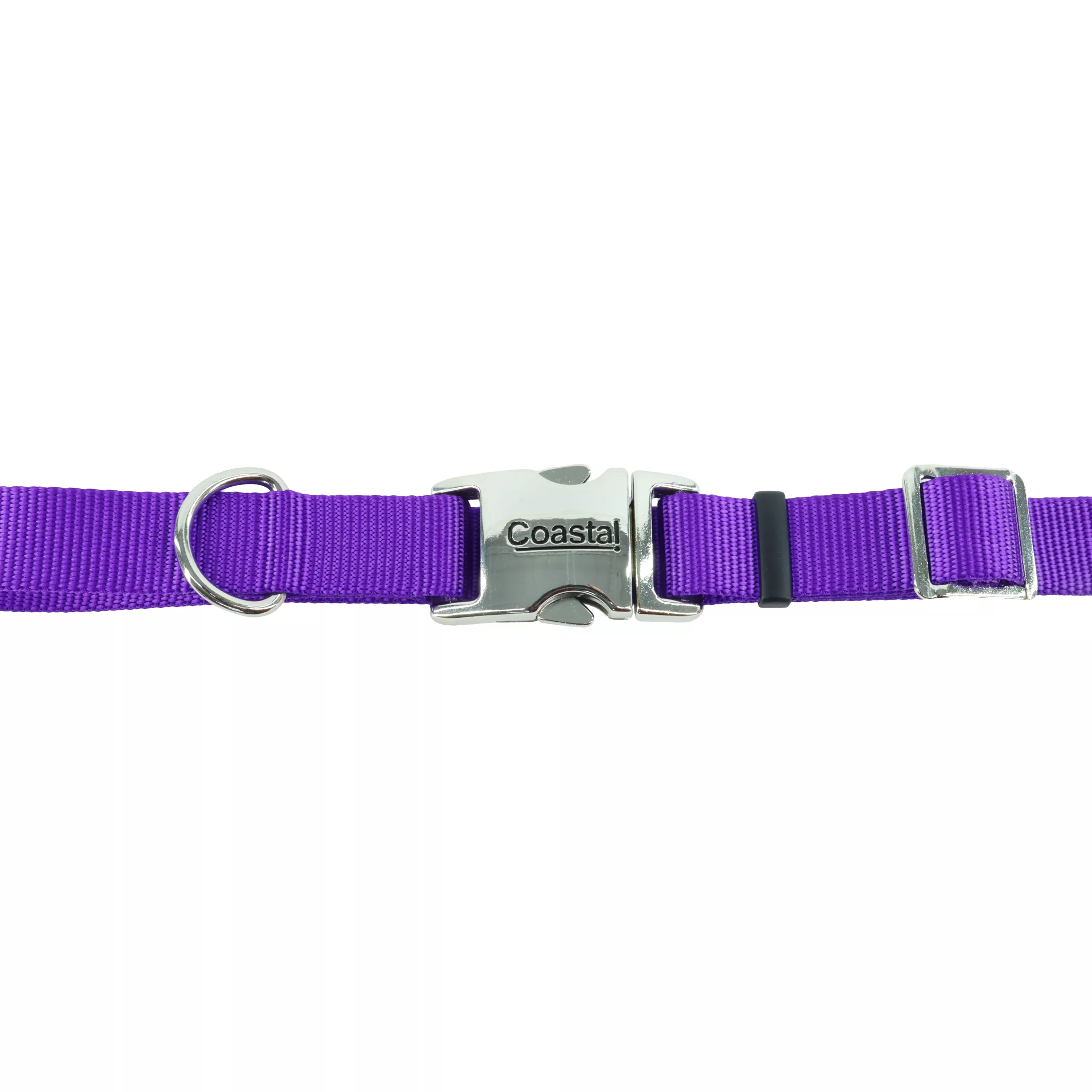 A product‑only image of a purple adjustable dog collar displayed against a white background. The collar is made of woven nylon, featuring a rich purple color and horizontal ribbed texture. A silver‑tone metal buckle sits at the center. A metal D‑ring is attached near the buckle. Black plastic adjustment hardware is visible along the strap, and reinforced stitching secures the folded strap sections.