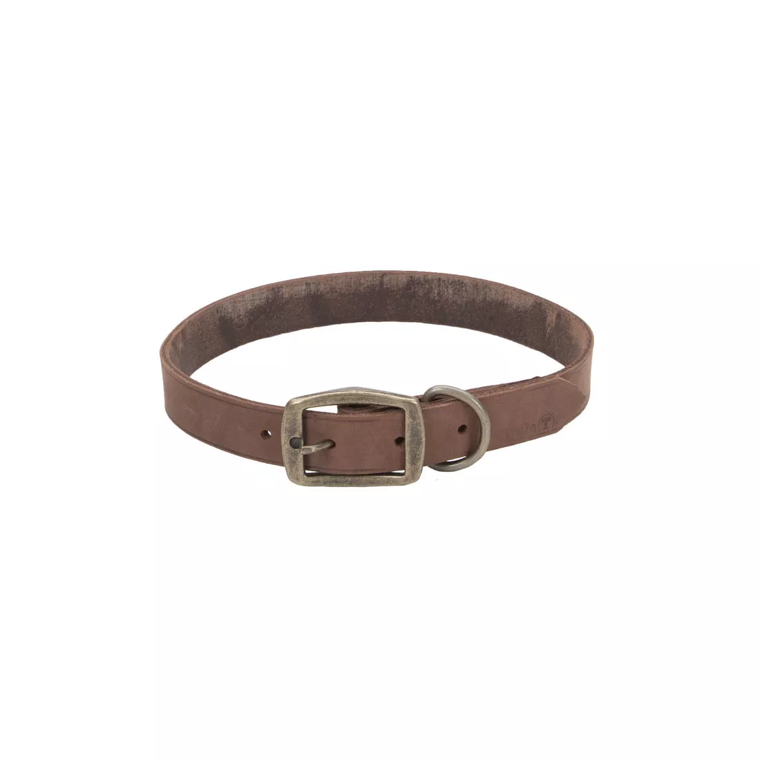 A product‑only image of the Circle T® Rustic Leather Town Dog Collar in Chocolate is displayed against a white background. The collar is made from flat, full‑grain rustic leather in a rich chocolate‑brown tone with visible natural texture and matte finish. The reinforced buckle section includes matching stitching, a brass‑colored buckle with a curved frame, and a brass‑colored D‑ring. The collar forms a soft oval shape, highlighting the flexible leather body and burnished edges.