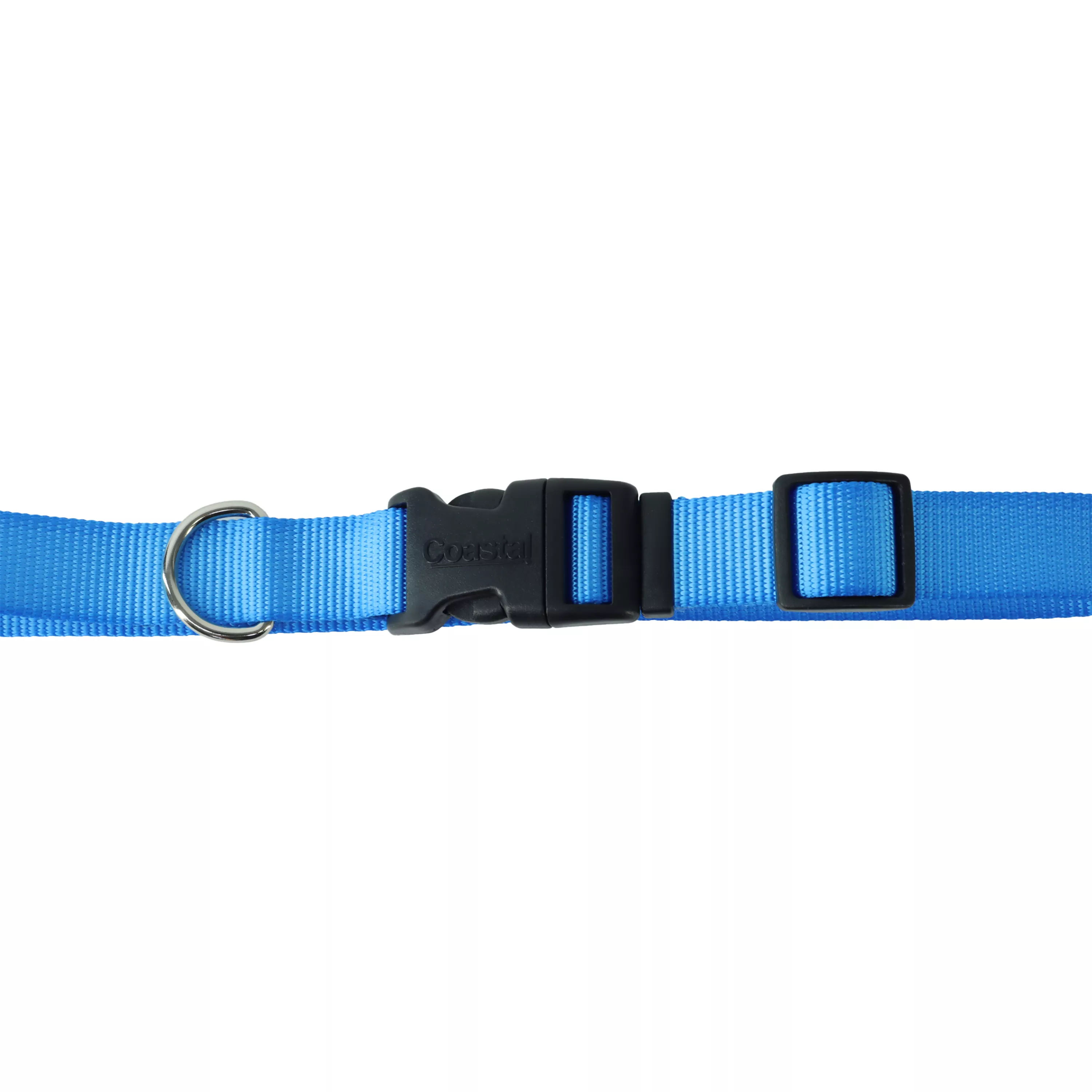 A product‑only image of a light blue adjustable dog collar displayed against a white background. The collar is made of woven nylon with a bright blue lagoon color and a ribbed strap texture. A black plastic side‑release buckle is centered on the collar. A black plastic adjustment slider is positioned along the strap. A silver‑tone metal D‑ring is attached beside the buckle with reinforced stitching securing the folded strap.