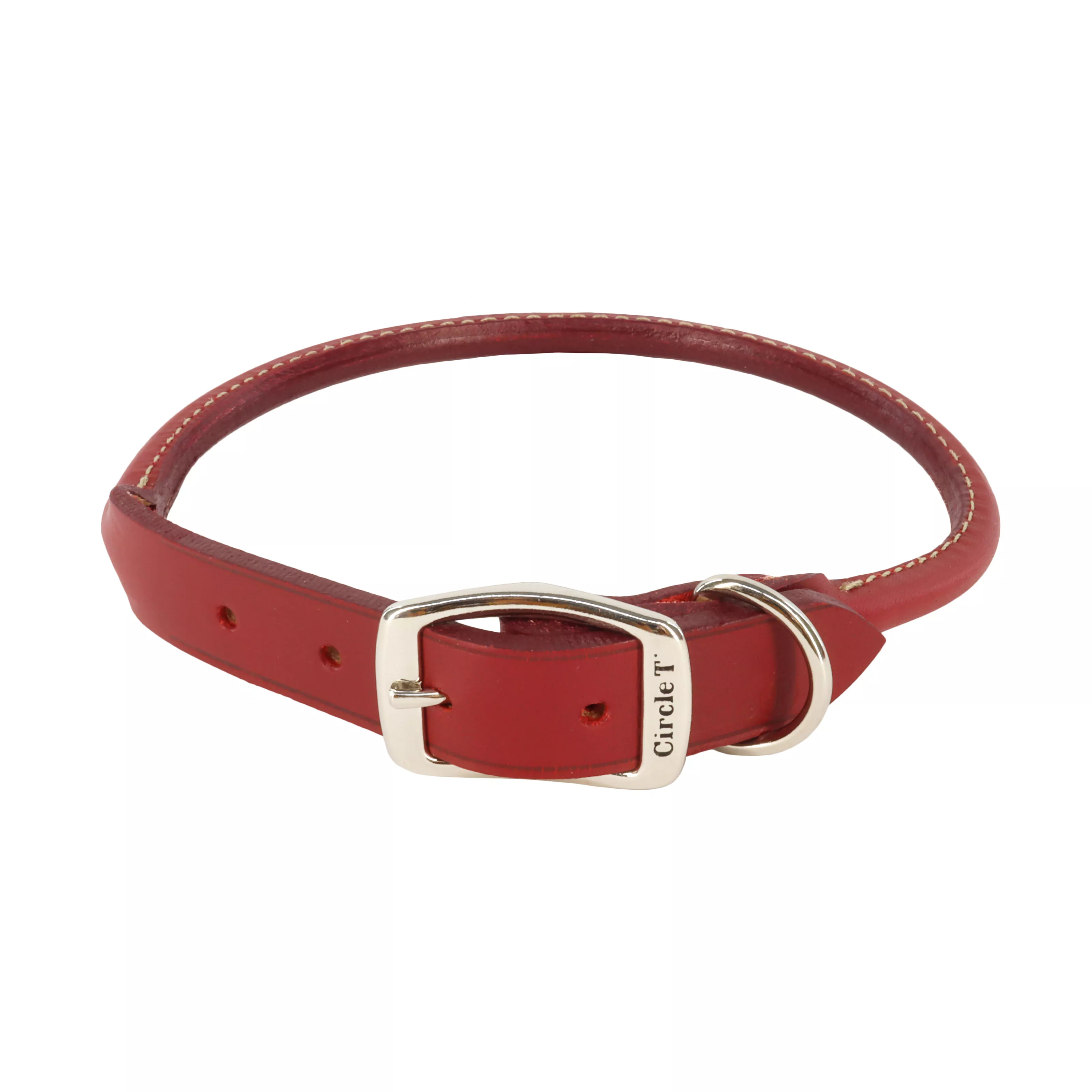 A product‑only view of the Circle T® Oak Tanned Leather Round Dog Collar in rich brown shows the collar arranged in an oval shape on a white background. The rounded leather strand is smooth and cylindrical, connected to a reinforced flat leather buckle panel with silver buckle, D‑ring, and stitched detailing.