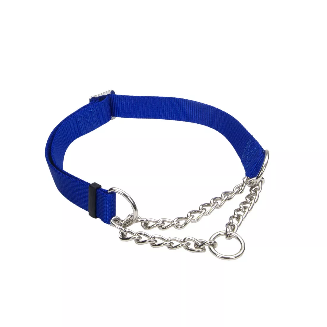 A product image of the Coastal® Adjustable Check Training Collar™ for Dogs in blue is shown against a white background. The bright blue nylon strap features a black plastic adjuster and stitching along the edge. A short silver chain segment forms the correction loop, attached to a polished metal ring.