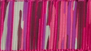 A swatch showing a close‑up of woven fabric with vertical pink stripes in varying shades. The stripes include thin and thick bands with a slightly textured, ribbon‑like weave.