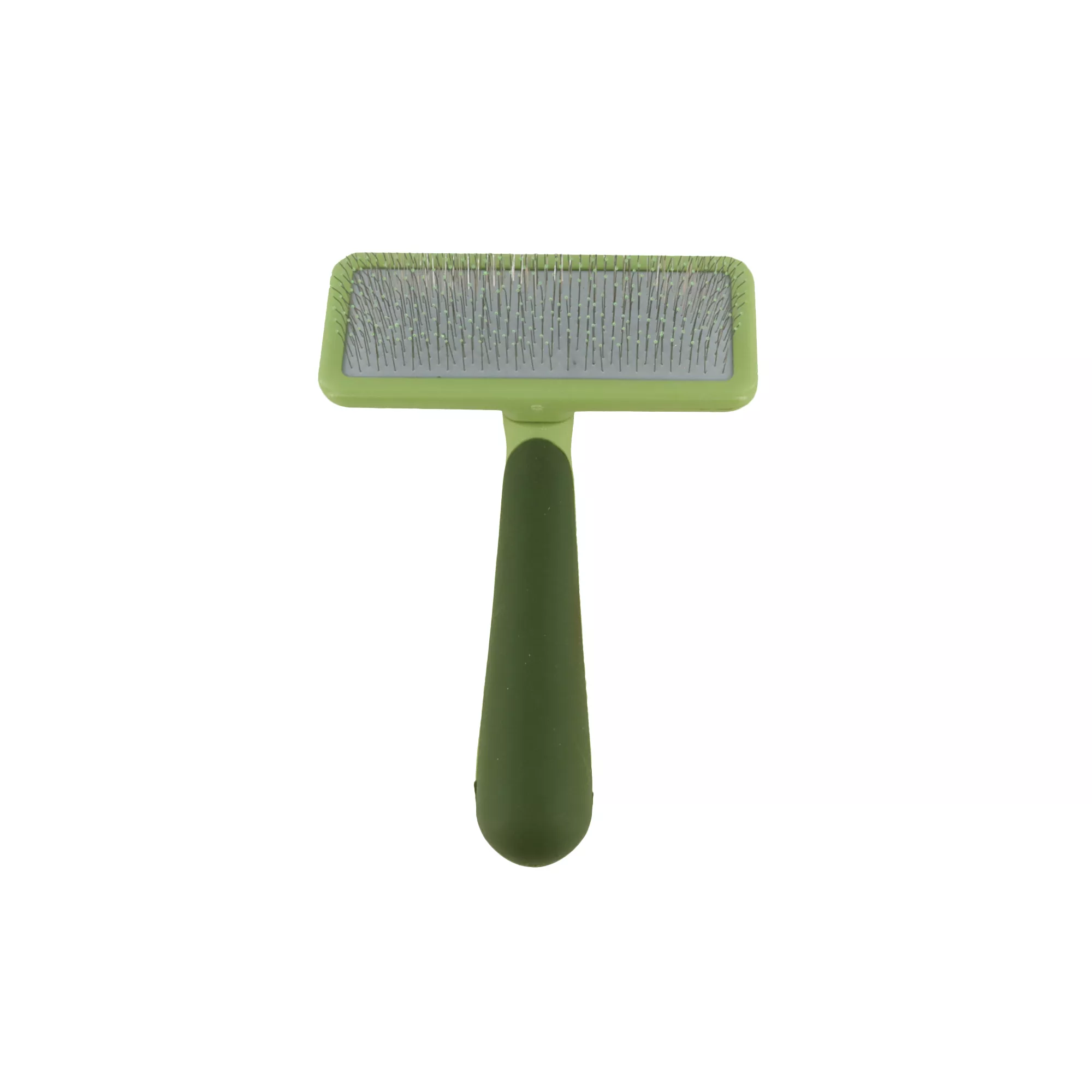 A soft slicker brush displayed on a white background. The brush has a dark green handle and a rectangular light green head filled with fine, closely spaced metal pins.