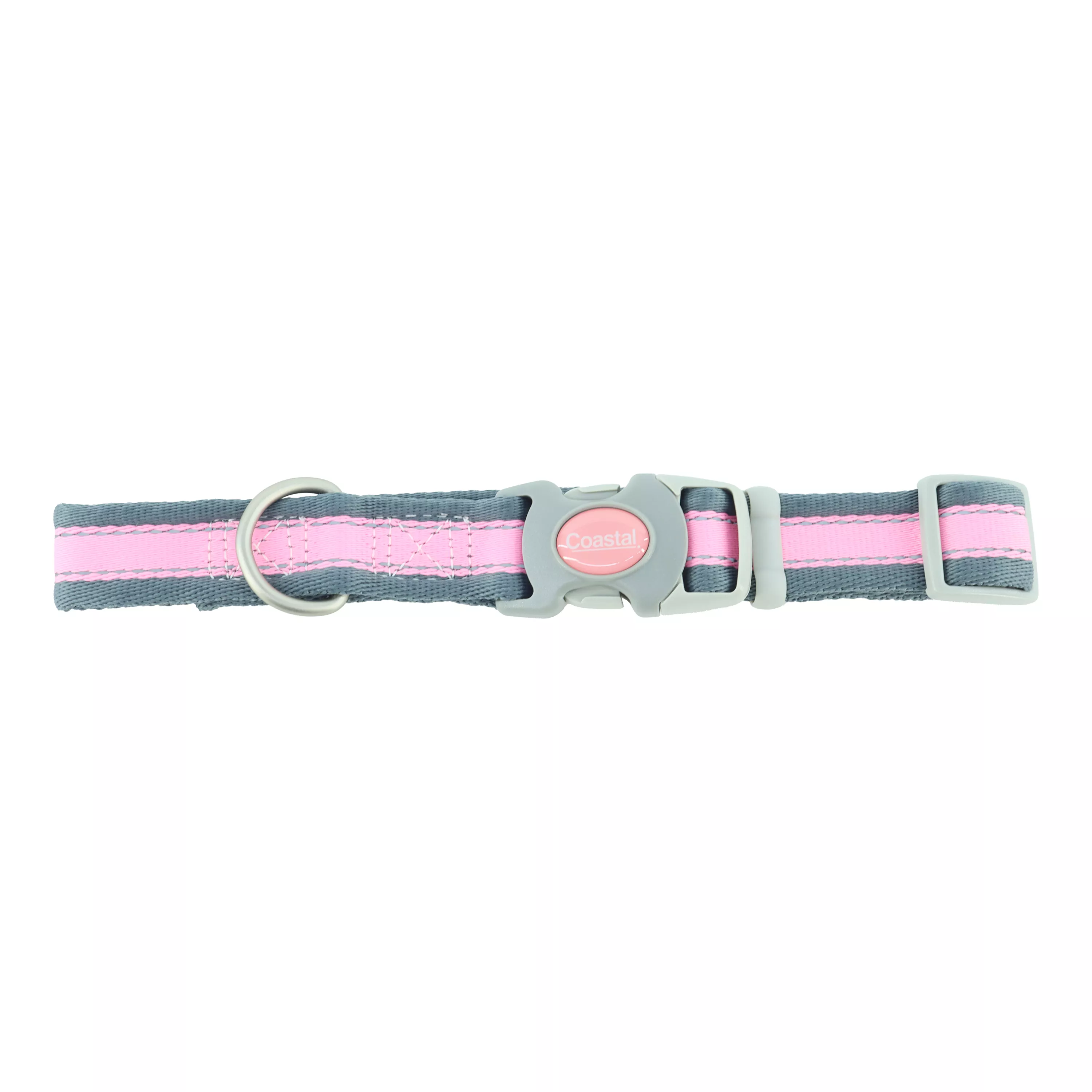 A woven dog collar displayed on a white background. The collar is medium gray with a solid pink stripe running lengthwise down the center. Visible hardware includes a silver‑tone metal D‑ring, a silver‑tone metal rectangular adjustment slider, and a light gray plastic side‑release buckle. The fabric shows flat weaving with stitched edges along both sides.