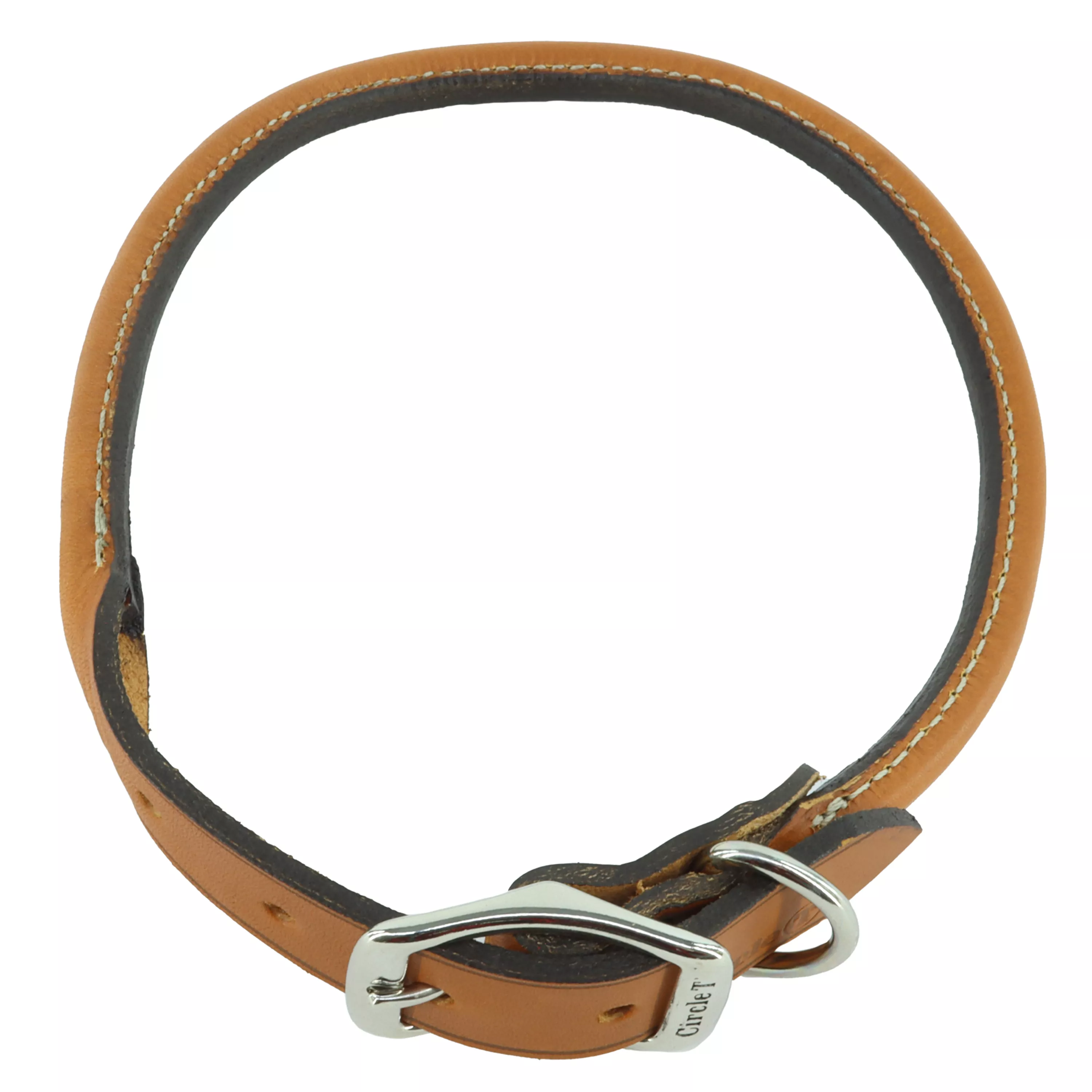 A full product‑only image of the Circle T® Oak Tanned Leather Round Dog Collar in Tan is displayed, arranged in an oval shape on a white background. The rounded tan leather body has smooth burnished edges and consistent color. The buckle panel features reinforced stitching, a silver buckle, and a D‑ring. The craftsmanship highlights durability and flexibility.