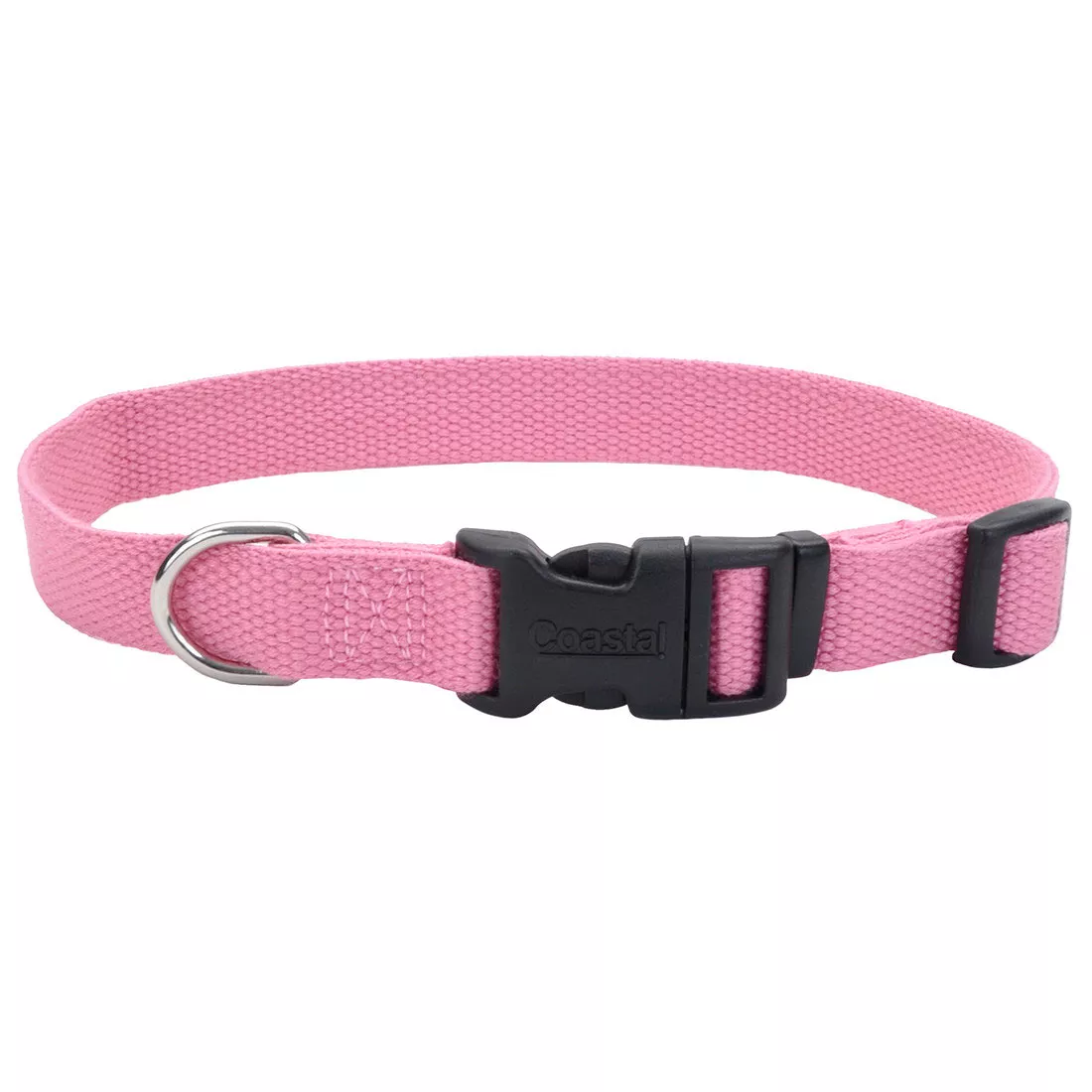 A rose‑pink collar is displayed on a white background. The collar includes a black plastic buckle, a black adjustment slider, and a silver metal D‑ring.