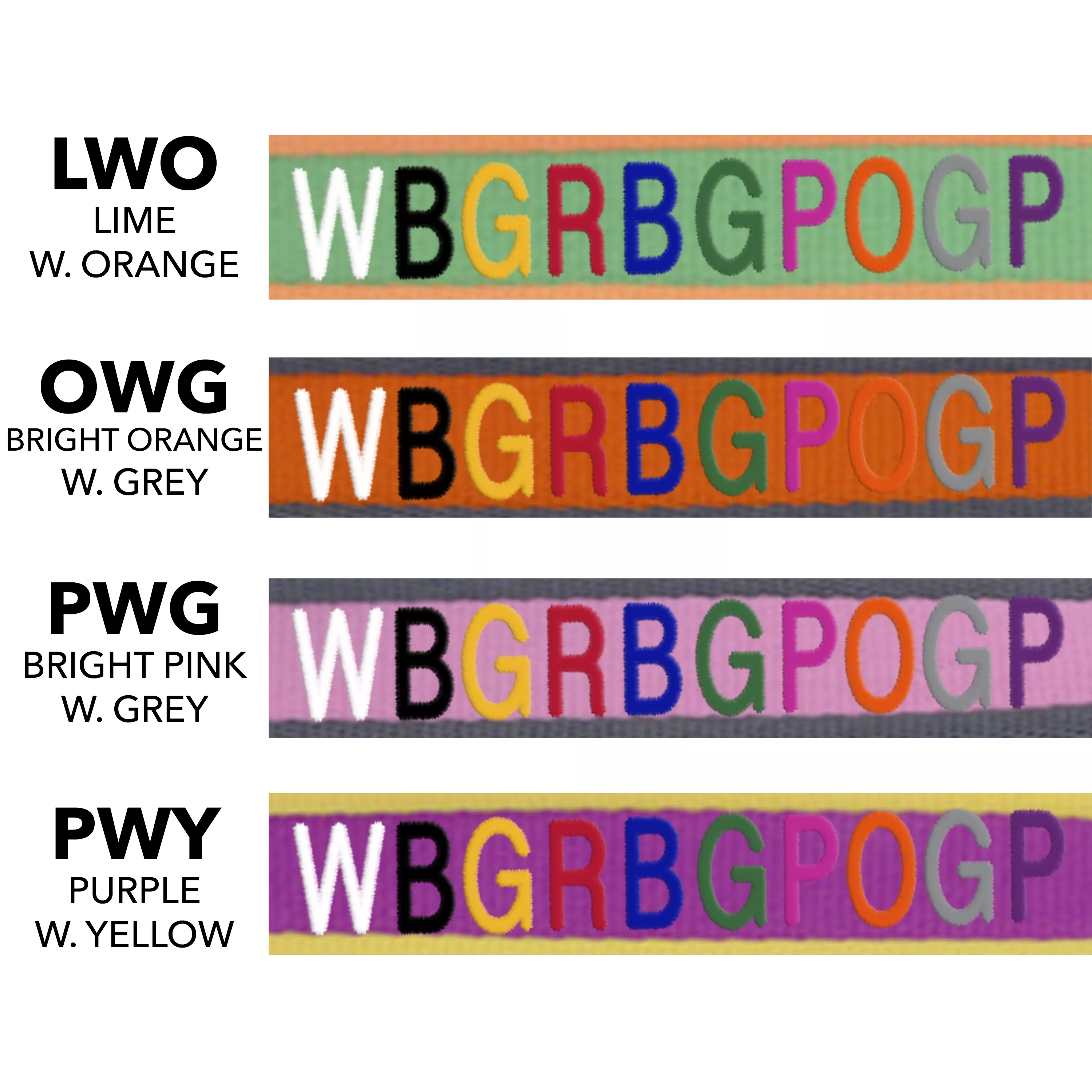 An embroidery swatch panel showing repeating stitched text “WBGRBGPGP” across multiple rows on gray woven fabric. Printed labels at the left include:
“LWO LIME / ORANGE,”
“OWG ORANGE,”
“PWG PURPLE / WHITE,”
“PWY PURPLE / YELLOW.”
Thread colors vary by row, combining lime green, orange, purple, white, and yellow tones. The satin stitches are tightly aligned, forming raised lettering with subtle sheen where threads catch light. The background fabric has a consistent fine weave.